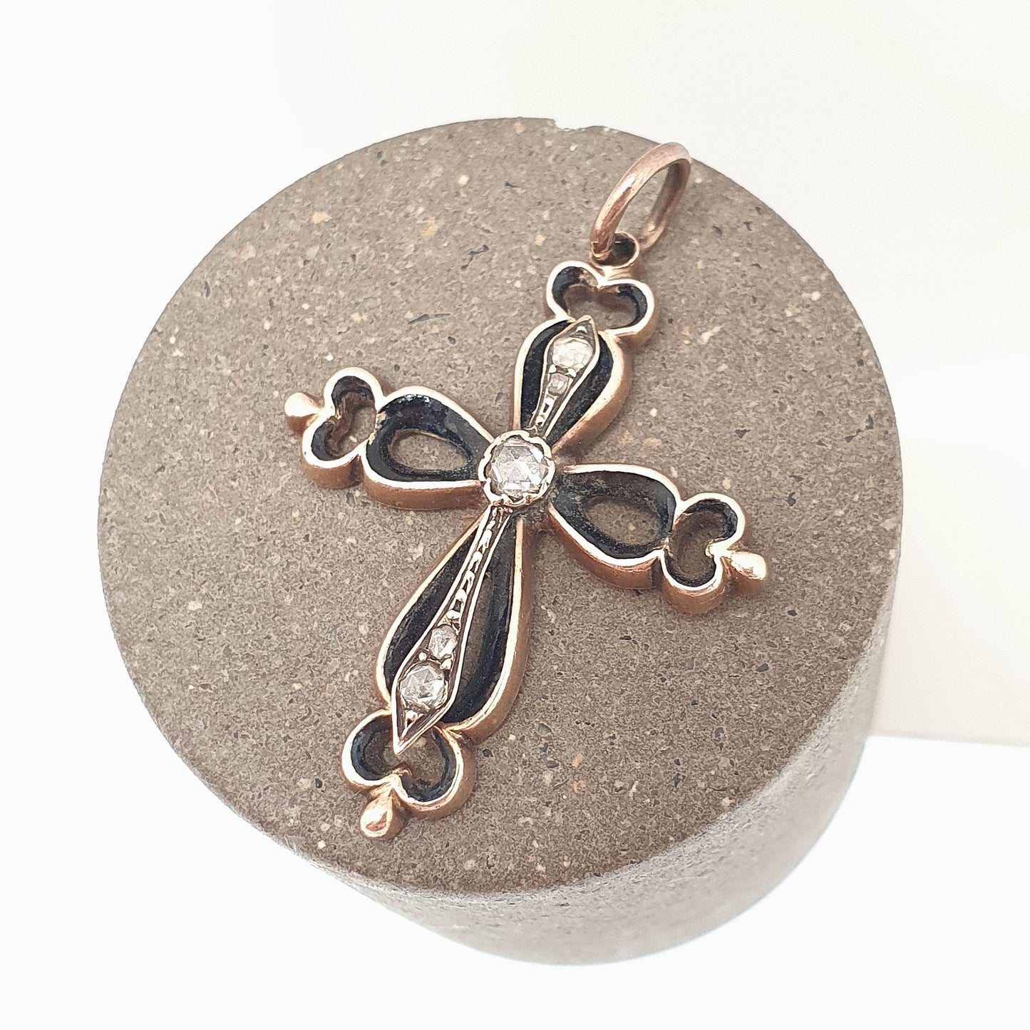 Antique Victorian 9ct Gold Diamond Crucifix Necklace Cross Pendant Solid Rose 9k 9kt Black Enamel Mourning Vintage Jewellery Jewelry