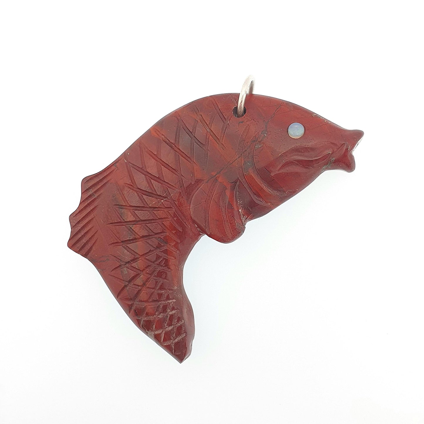 Vintage Red Jasper Koi Carp Fish Pendant Opal Eyes Necklace Chinese Gemstone Handmade Sea Animal Mens Womens Jewelry Jewellery