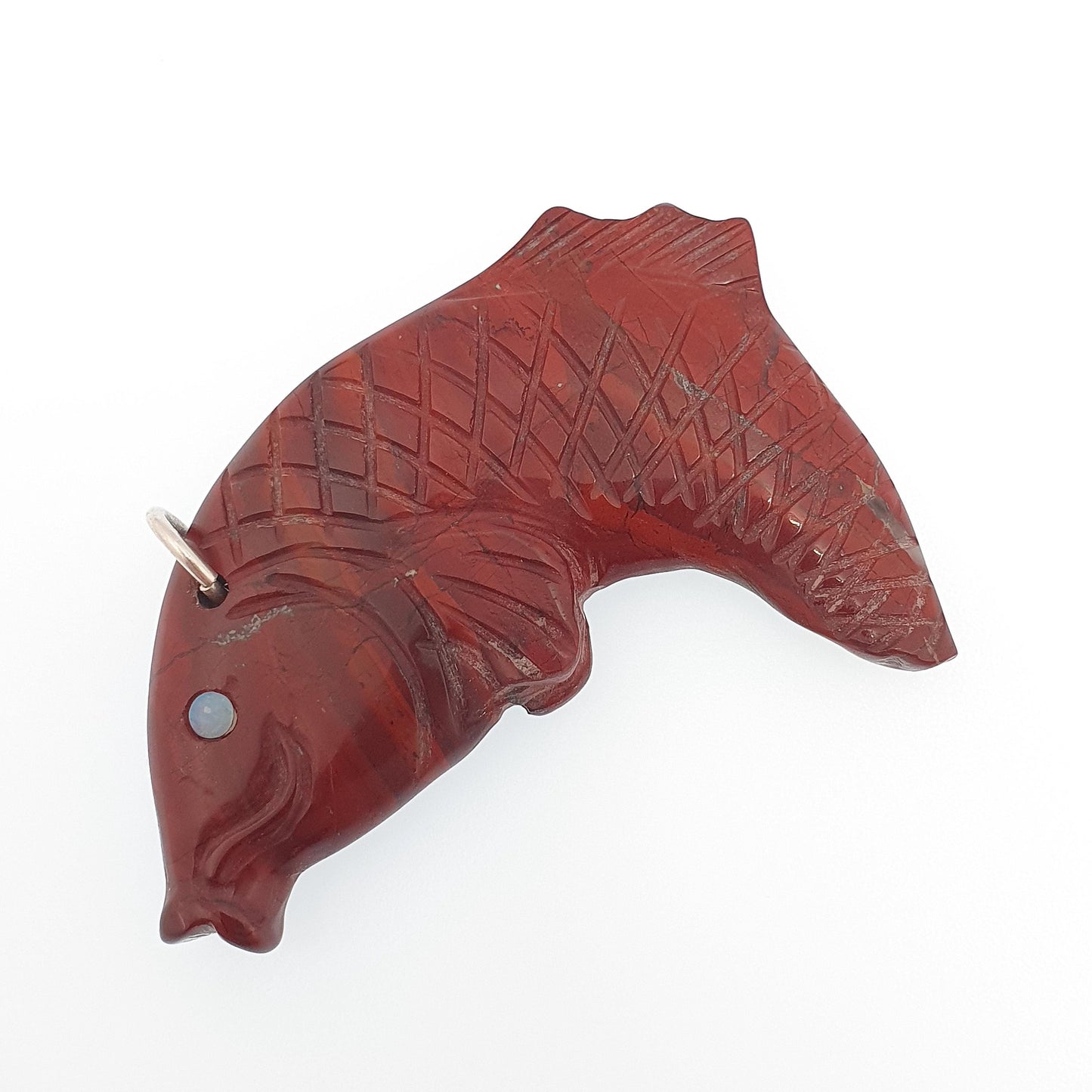 Vintage Red Jasper Koi Carp Fish Pendant Opal Eyes Necklace Chinese Gemstone Handmade Sea Animal Mens Womens Jewelry Jewellery