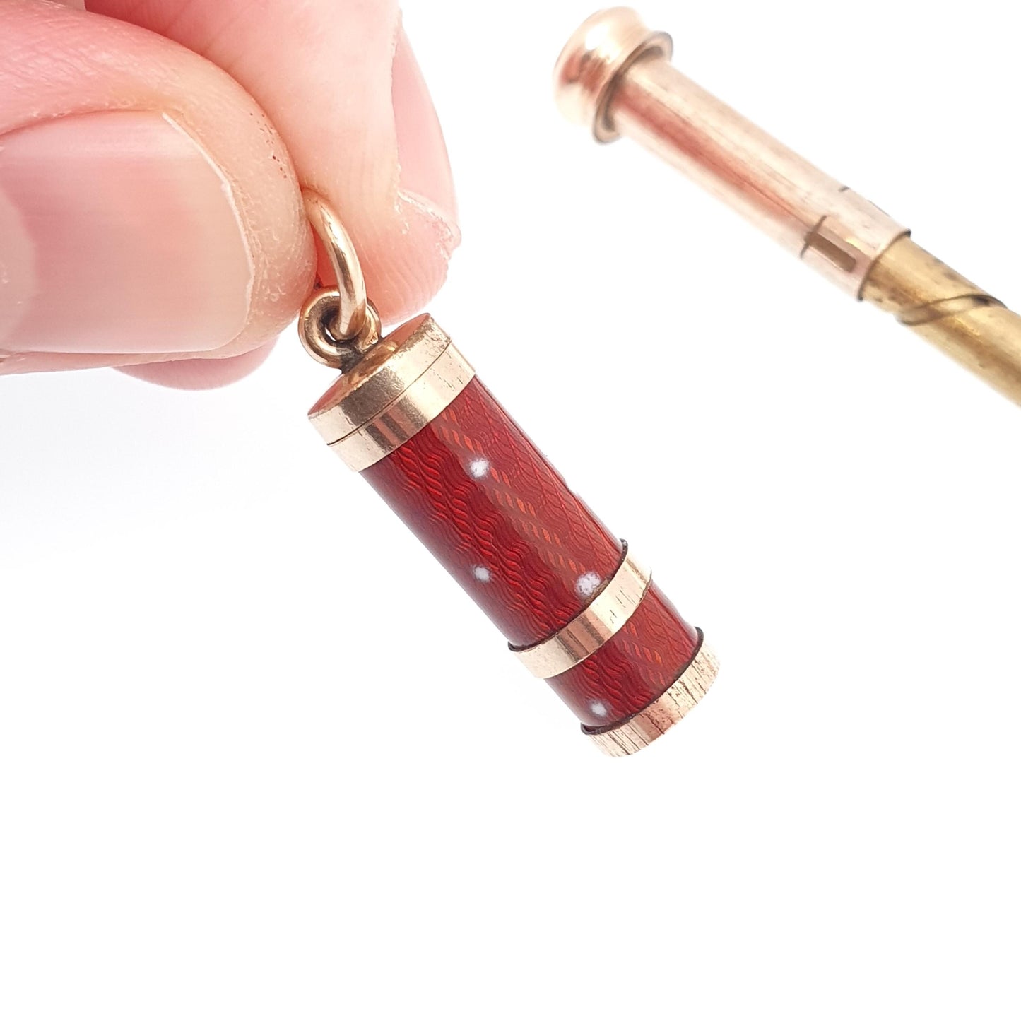 Antique Rolled Gold Polka Dot Enamel Pencil Pendant Necklace Propelling Gold Filled Fob Vintage Jewellery Jewelry