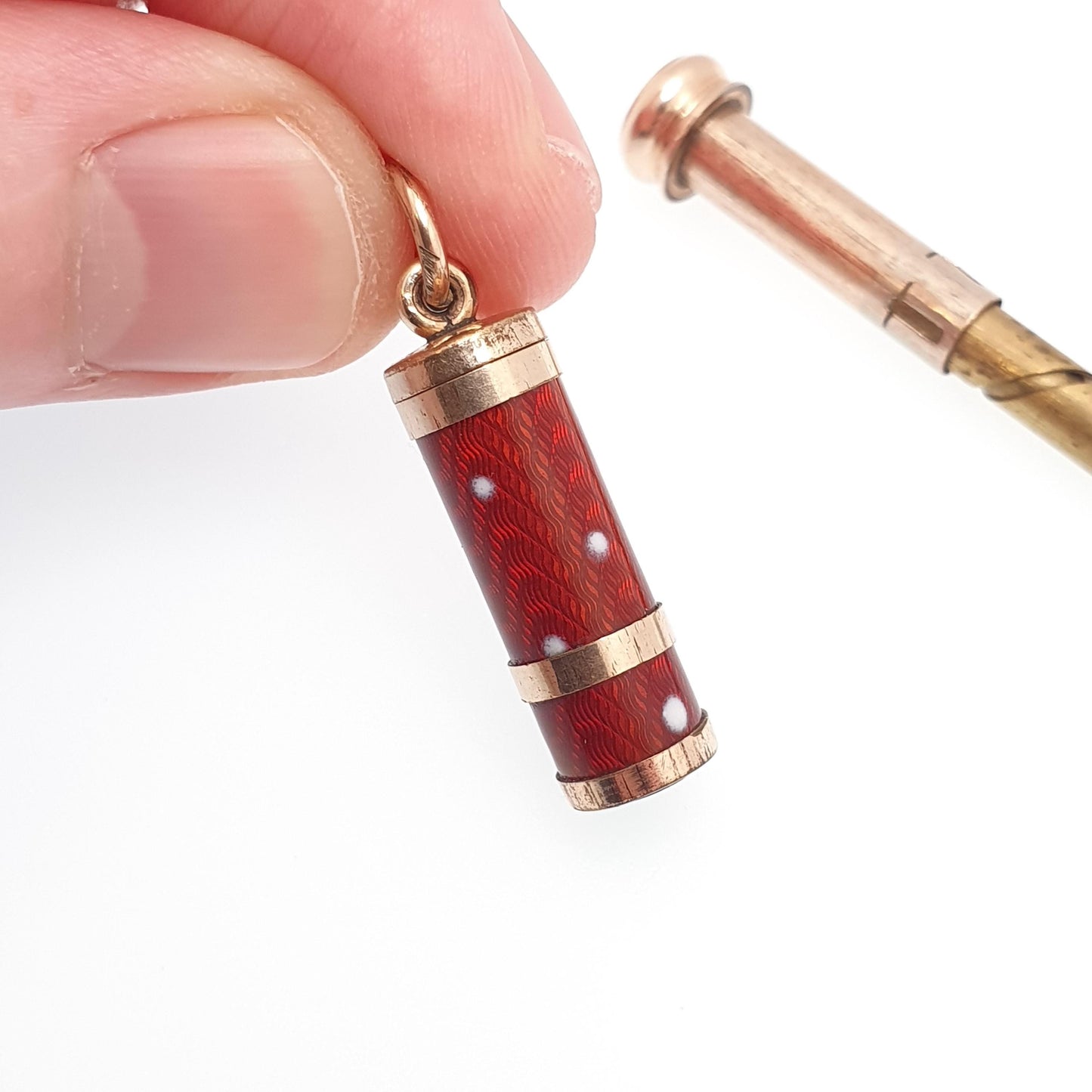 Antique Rolled Gold Polka Dot Enamel Pencil Pendant Necklace Propelling Gold Filled Fob Vintage Jewellery Jewelry