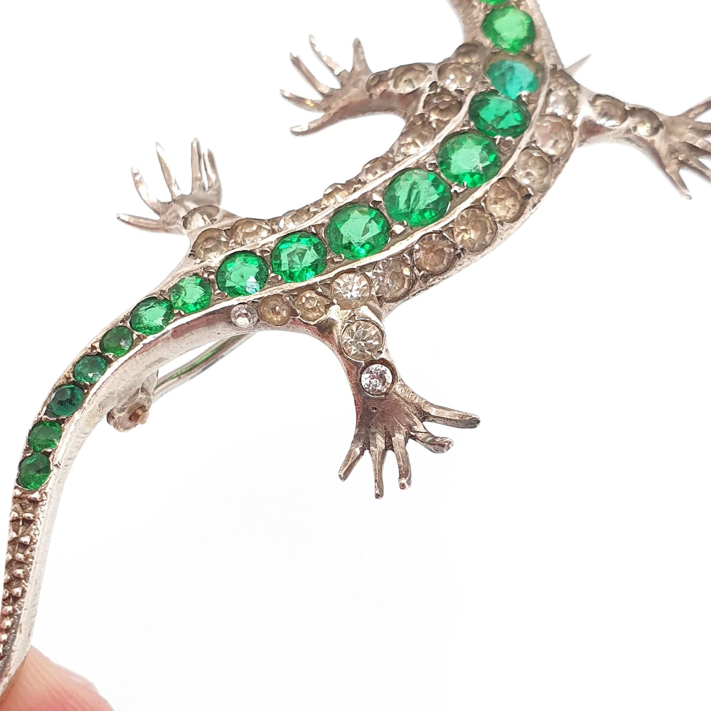 Antique Solid Silver Emerald & Diamond Paste Lizard Brooch Victorian Reptile Animal Gecko Vintage Jewelry Jewellery