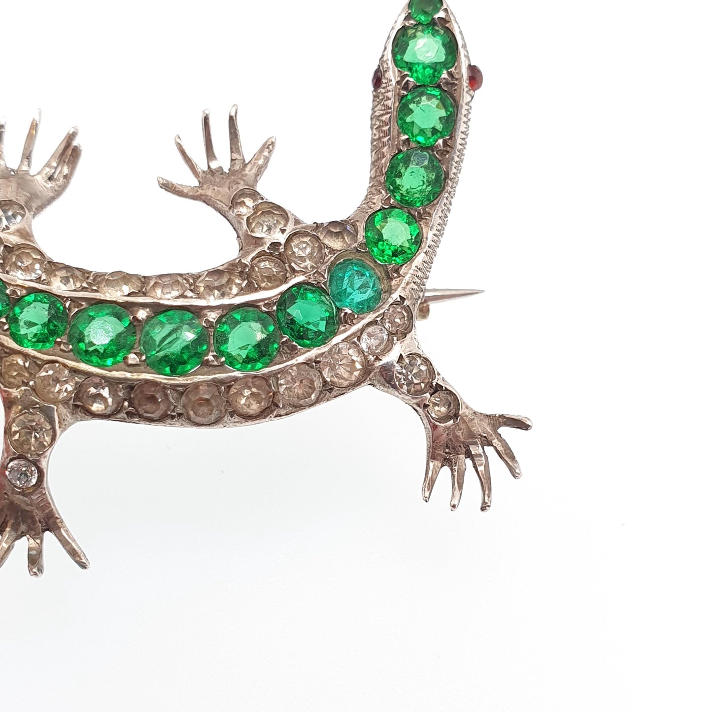 Antique Solid Silver Emerald & Diamond Paste Lizard Brooch Victorian Reptile Animal Gecko Vintage Jewelry Jewellery