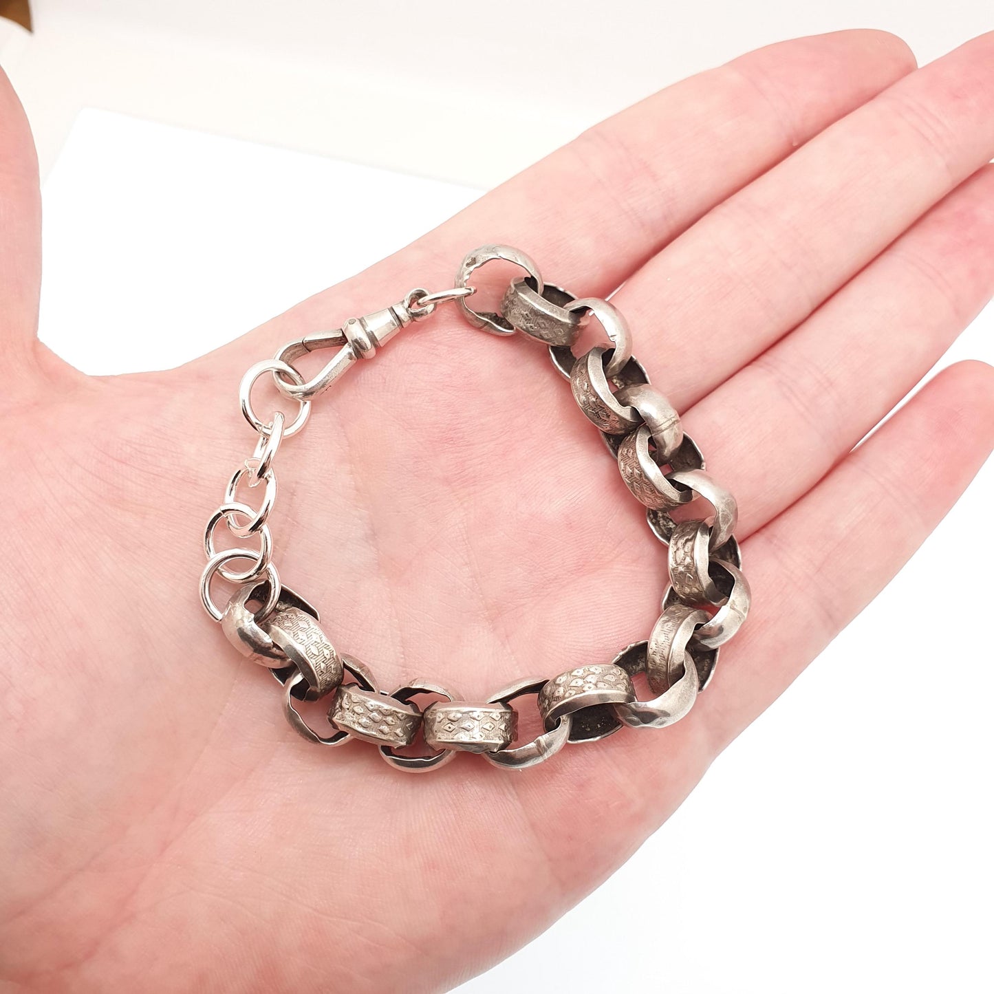 Antique Victorian Sterling Silver Belcher Link Bracelet Dog Clip Large Rolo 20.19g 20cm Round Albert Chain Vintage Jewelry Jewellery