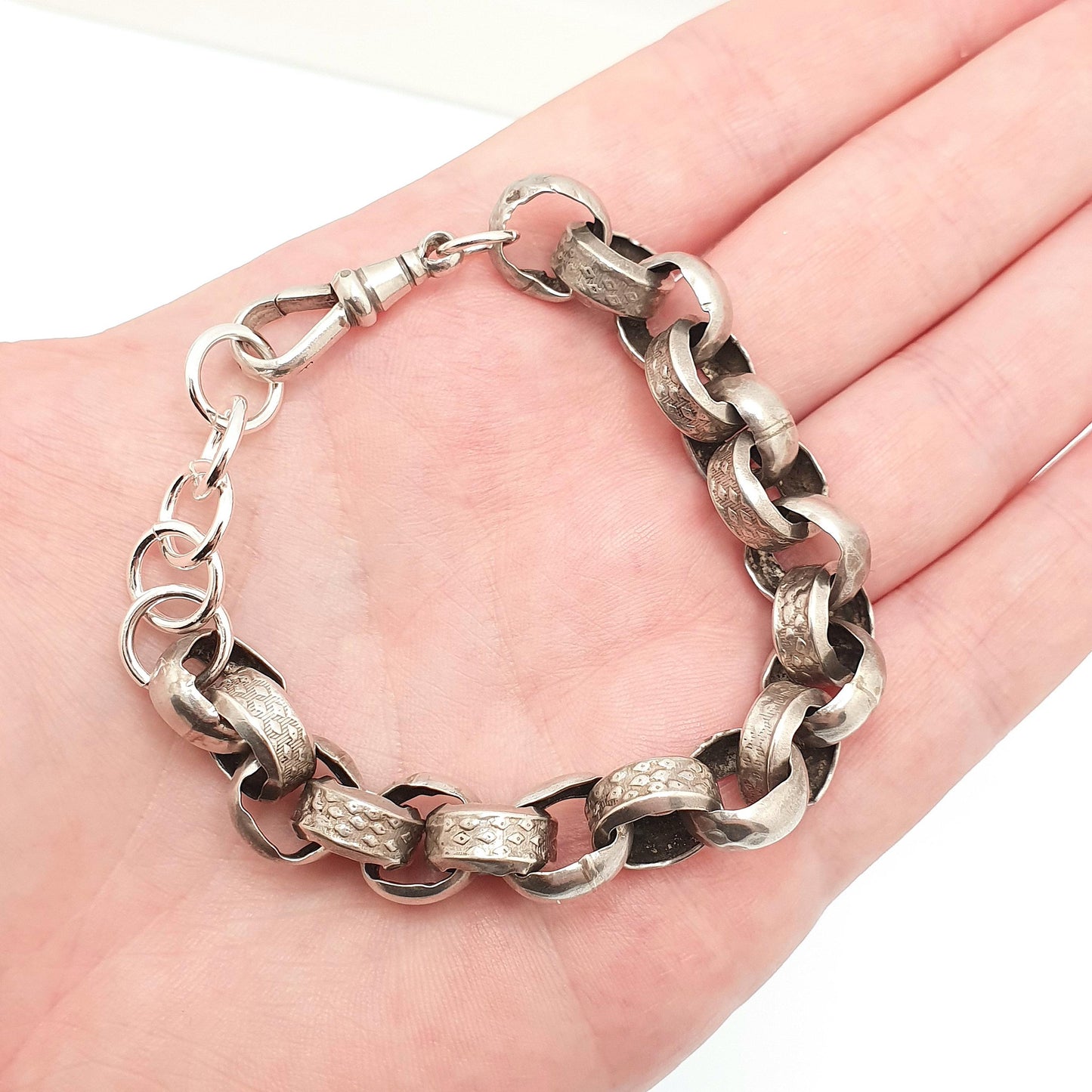 Antique Victorian Sterling Silver Belcher Link Bracelet Dog Clip Large Rolo 20.19g 20cm Round Albert Chain Vintage Jewelry Jewellery