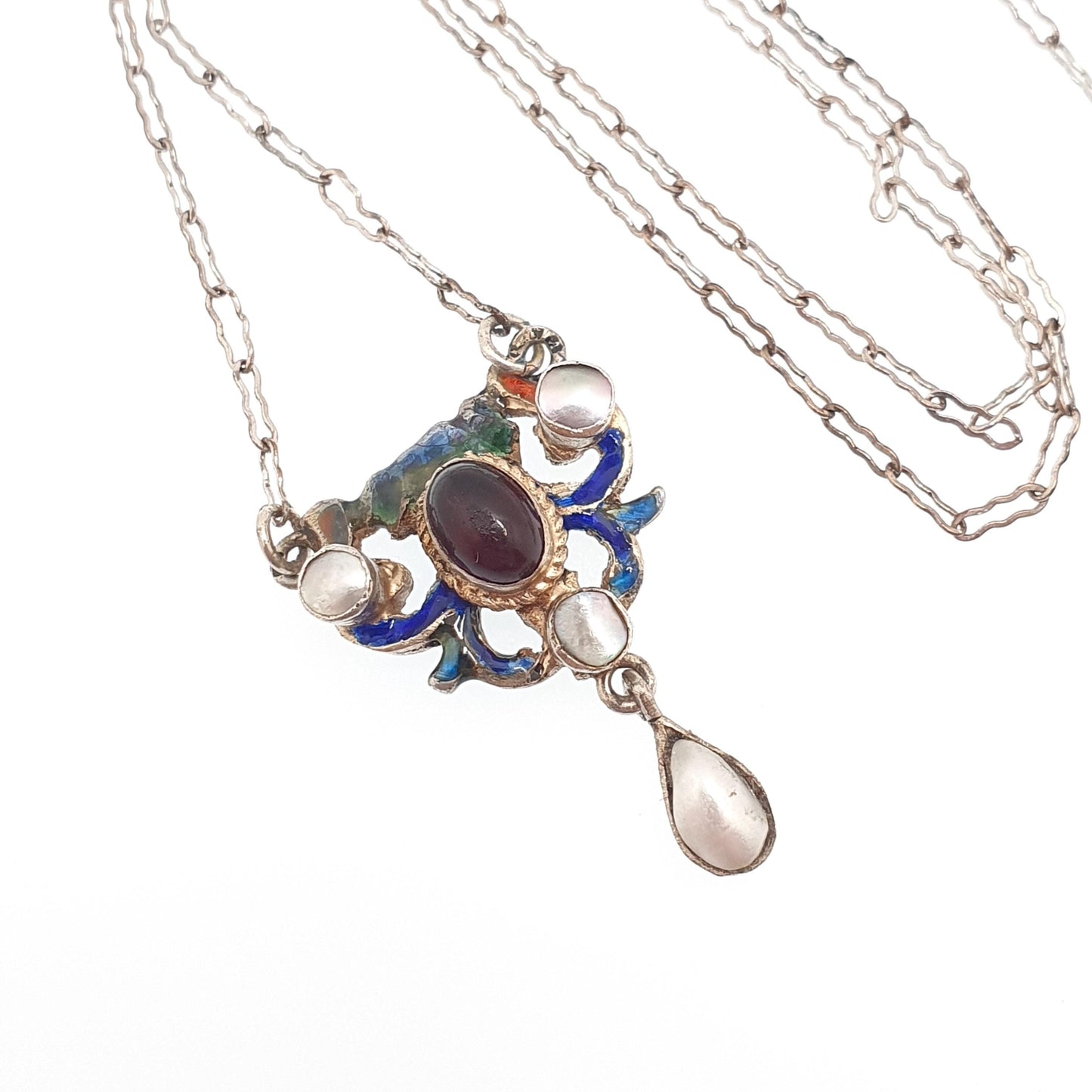 Antique Austro Hungarian Solid Silver Pendant  Amethyst Paste Necklace Enamel Mother of Pearl Staple Link Chain Victorian Jewelry Jewellery