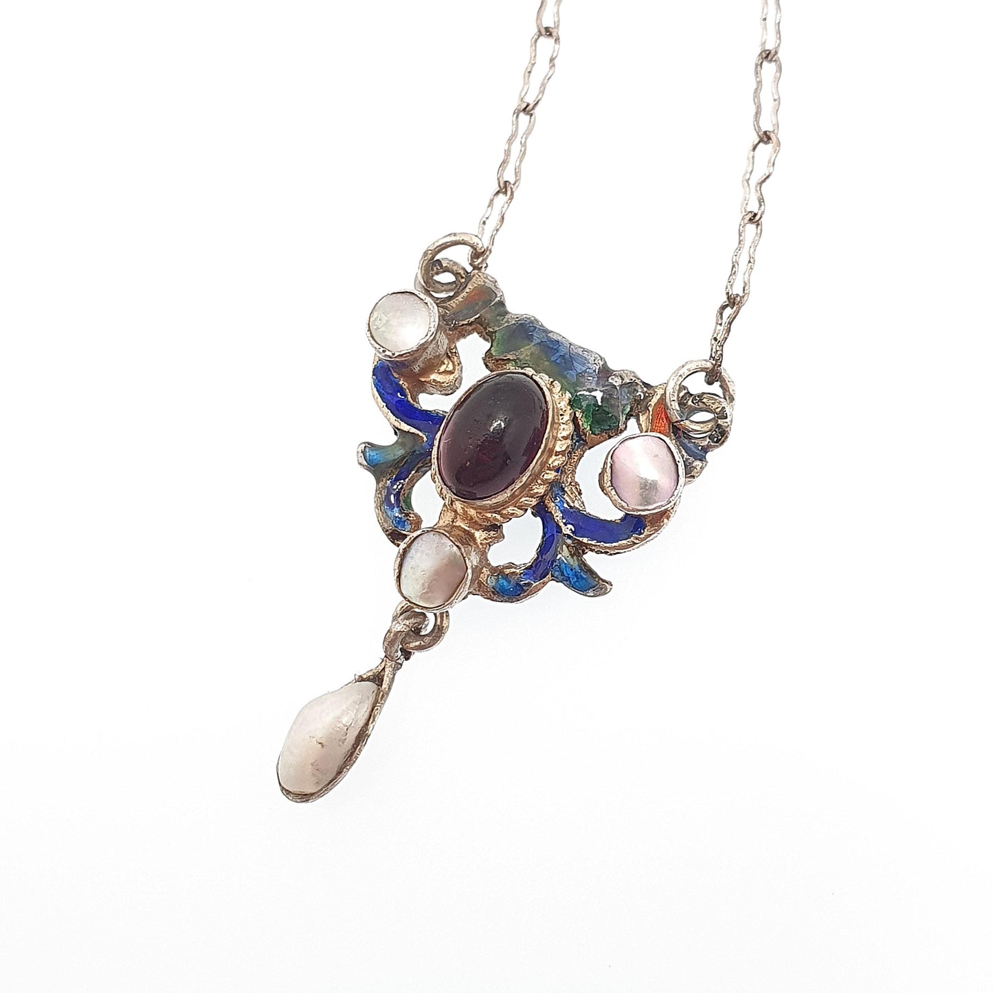 Antique Austro Hungarian Solid Silver Pendant  Amethyst Paste Necklace Enamel Mother of Pearl Staple Link Chain Victorian Jewelry Jewellery