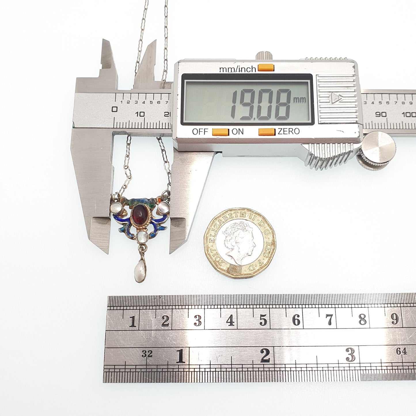 Antique Austro Hungarian Solid Silver Pendant  Amethyst Paste Necklace Enamel Mother of Pearl Staple Link Chain Victorian Jewelry Jewellery