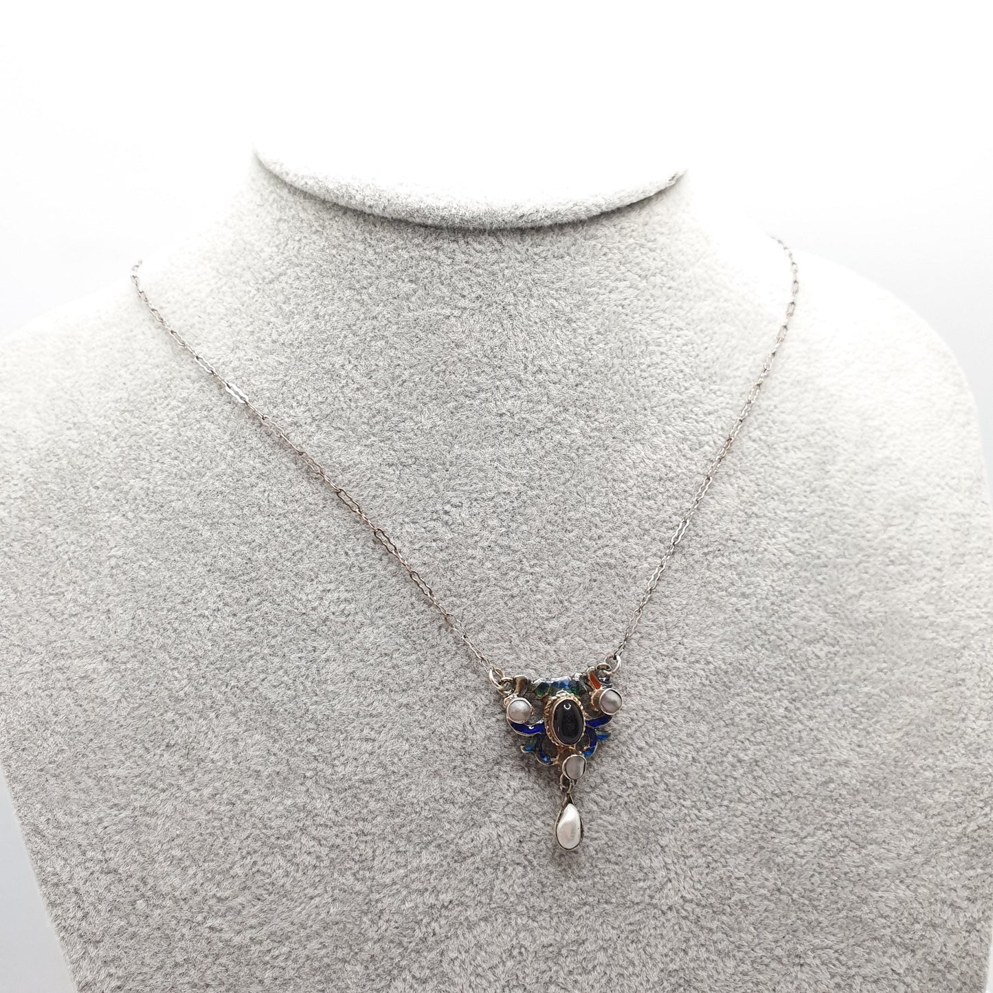 Antique Austro Hungarian Solid Silver Pendant  Amethyst Paste Necklace Enamel Mother of Pearl Staple Link Chain Victorian Jewelry Jewellery