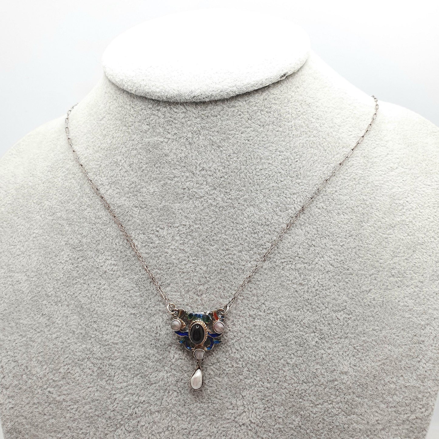 Antique Austro Hungarian Solid Silver Pendant  Amethyst Paste Necklace Enamel Mother of Pearl Staple Link Chain Victorian Jewelry Jewellery