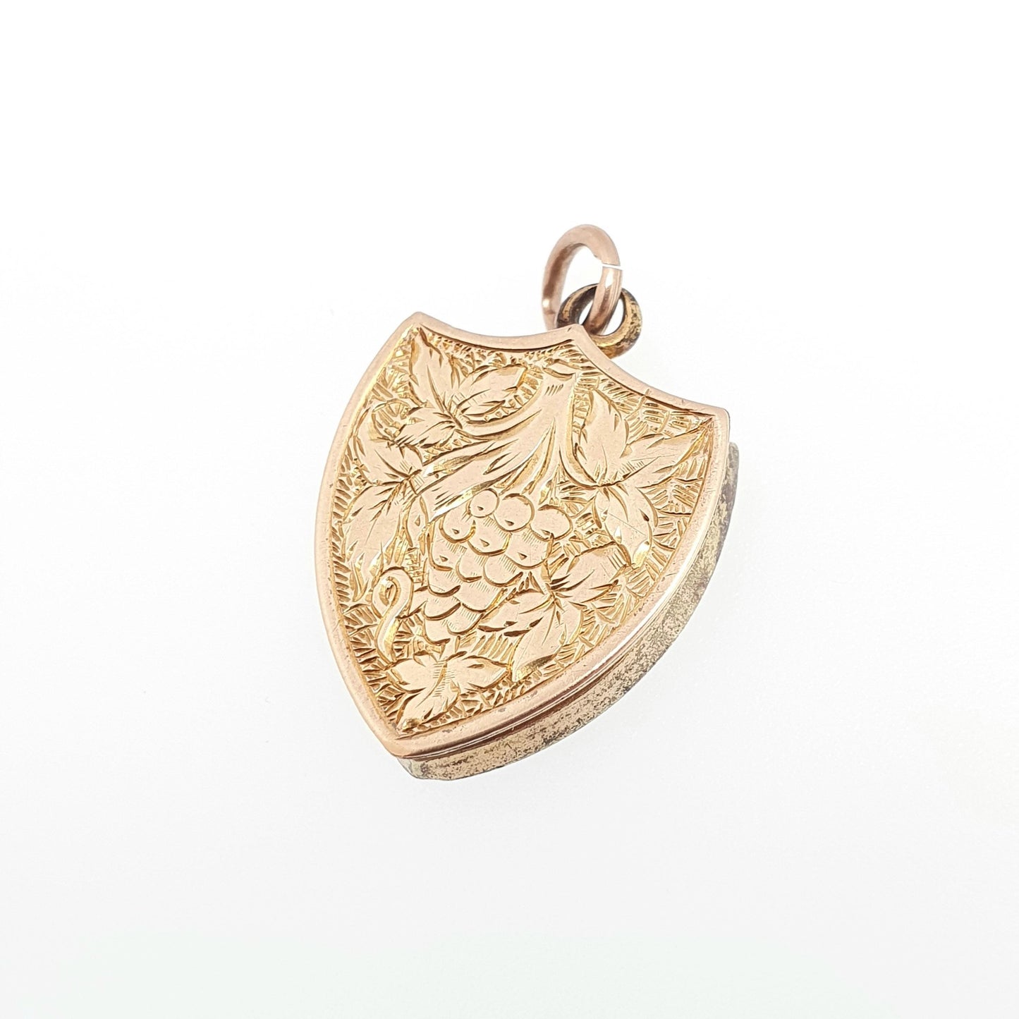Antique Victorian 9ct Gold Shield Locket 9kt 9k Back and Front Grape Engraved Pendant Picture Photo Vintage