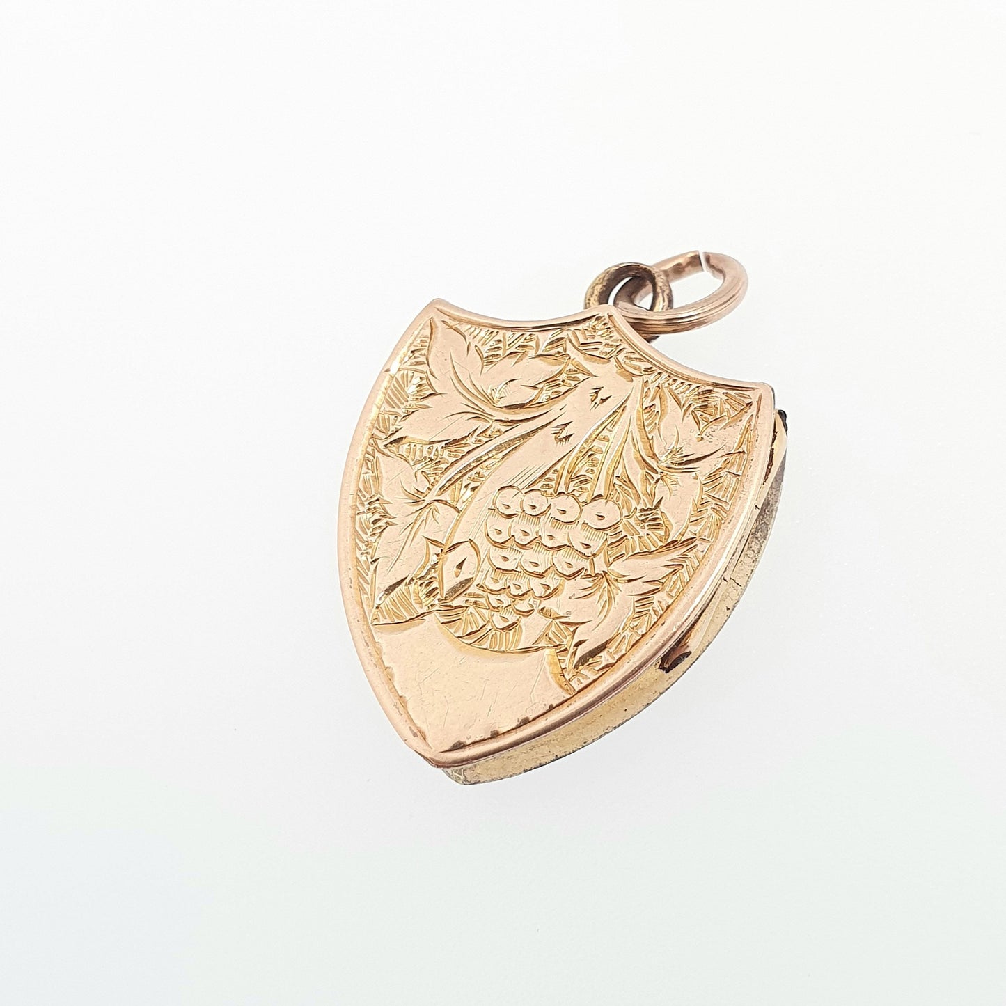 Antique Victorian 9ct Gold Shield Locket 9kt 9k Back and Front Grape Engraved Pendant Picture Photo Vintage