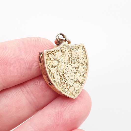 Antique Victorian 9ct Gold Shield Locket 9kt 9k Back and Front Grape Engraved Pendant Picture Photo Vintage
