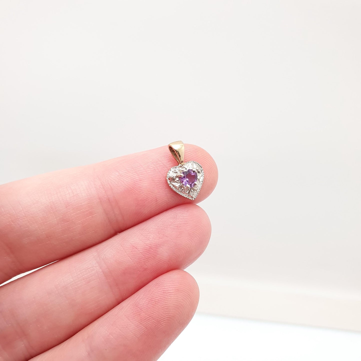 Vintage 9ct Solid Gold Diamond Amethyst Pendant Heart Necklace Tiny Cute Solid 375 Retro Gemstone Carat Womens Ladies Jewellery Jewelry