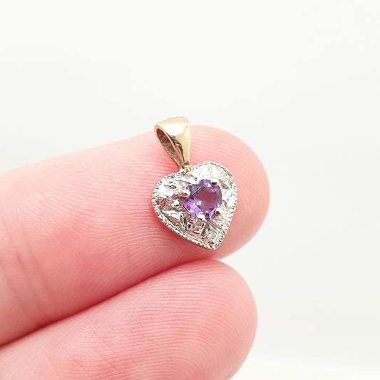 Vintage 9ct Solid Gold Diamond Amethyst Pendant Heart Necklace Tiny Cute Solid 375 Retro Gemstone Carat Womens Ladies Jewellery Jewelry