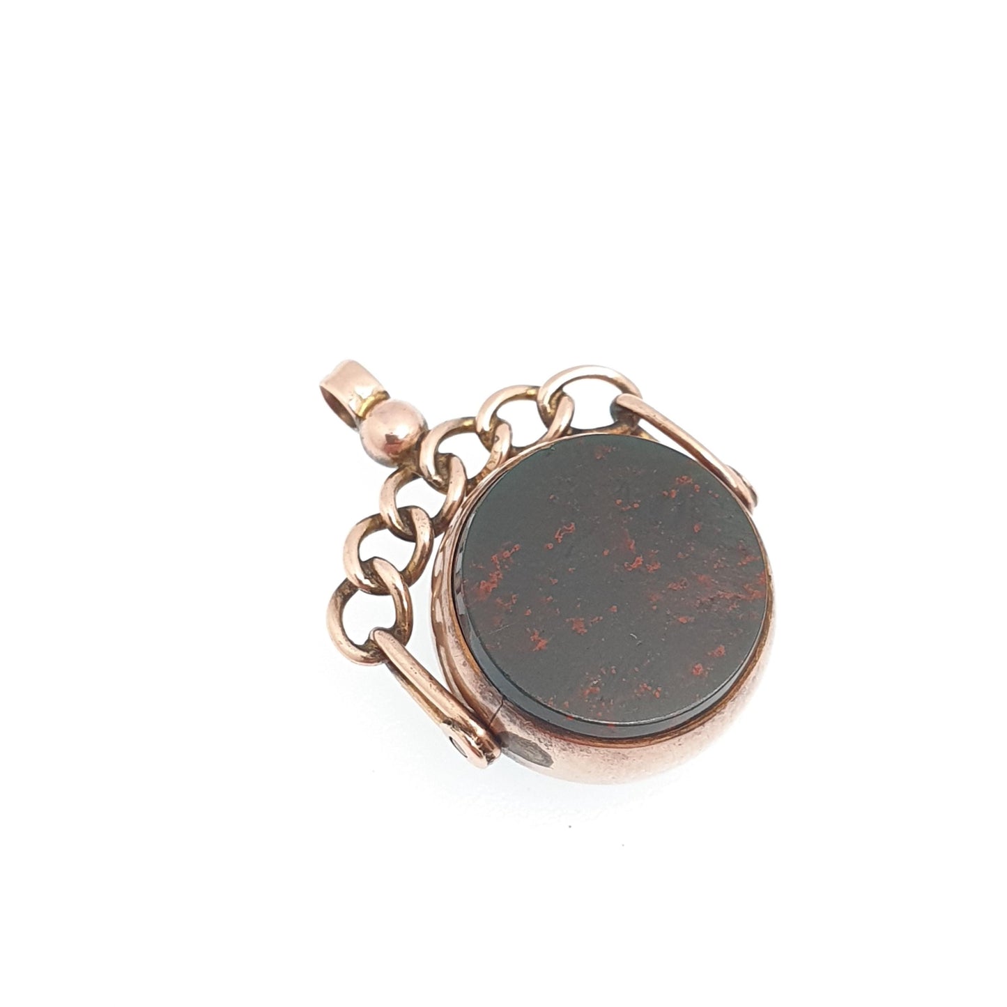 Antique 9ct 9k Rose Gold Bloodstone Spinner Fob Pendant Victorian Round 1897 Hallmark Carnelian Necklace Albert Vintage