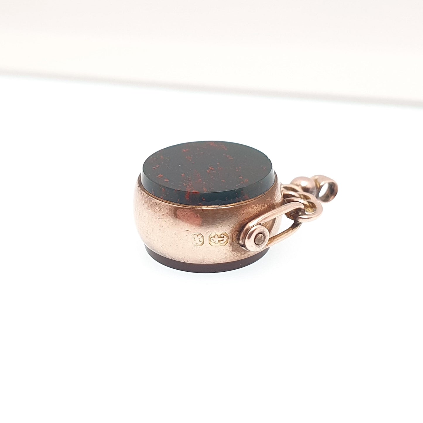 Antique 9ct 9k Rose Gold Bloodstone Spinner Fob Pendant Victorian Round 1897 Hallmark Carnelian Necklace Albert Vintage