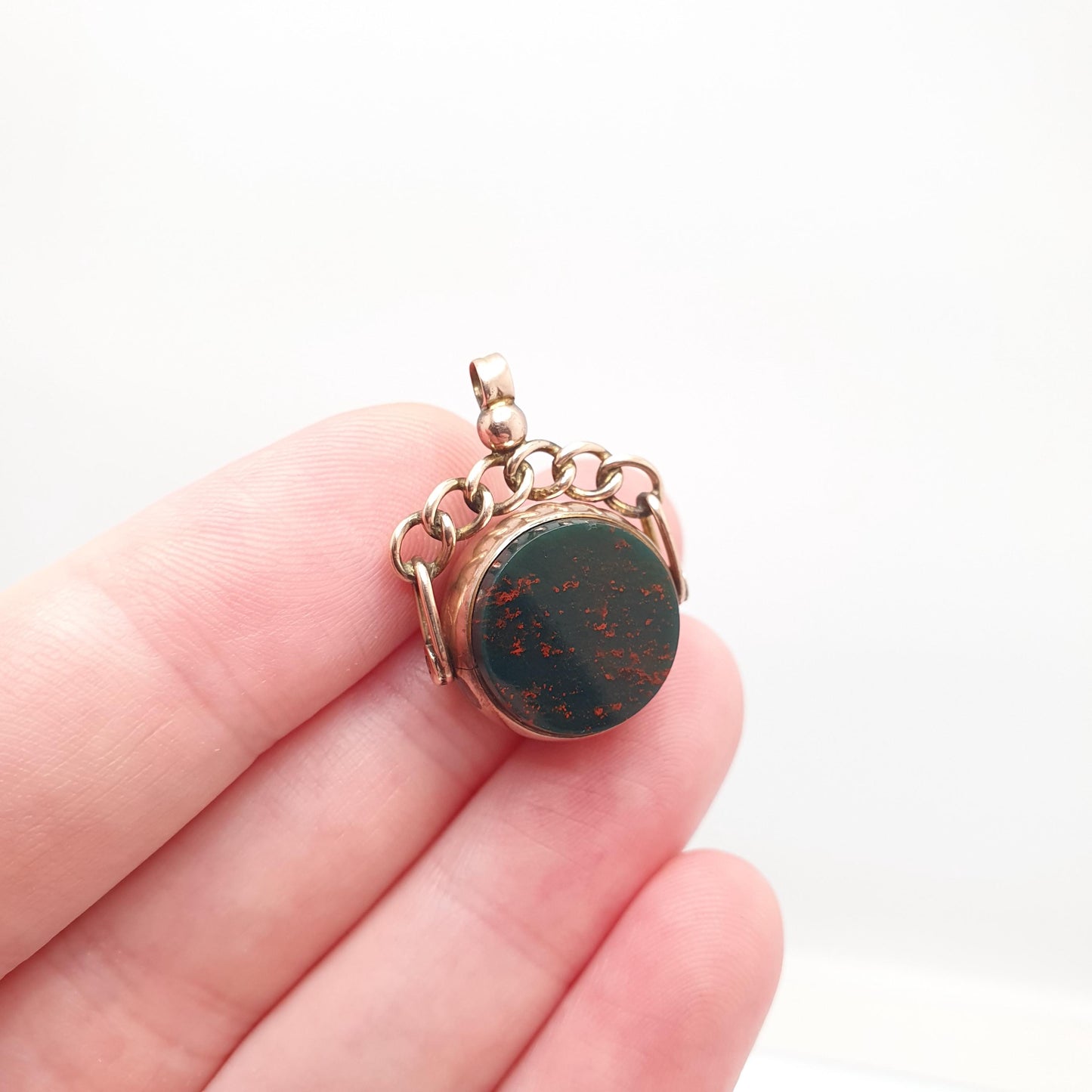 Antique 9ct 9k Rose Gold Bloodstone Spinner Fob Pendant Victorian Round 1897 Hallmark Carnelian Necklace Albert Vintage