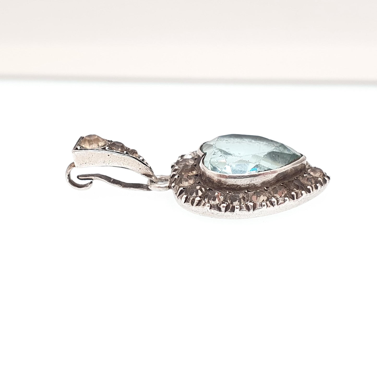 Antique Victorian Solid Silver Heart Pendant Aquamarine Paste Necklace Puffer Love Sparkly Vintage Jewellery Jewelry