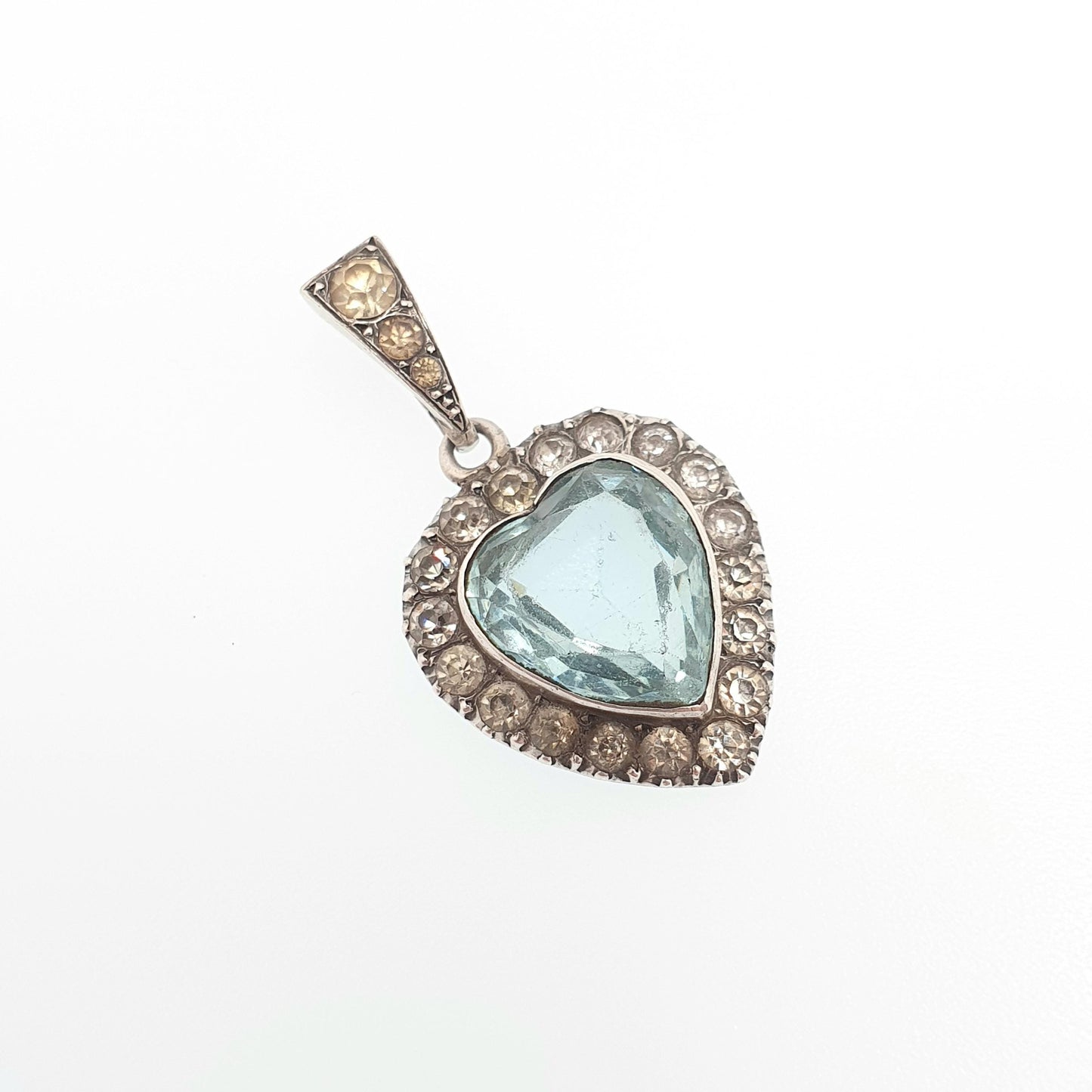 Antique Victorian Solid Silver Heart Pendant Aquamarine Paste Necklace Puffer Love Sparkly Vintage Jewellery Jewelry