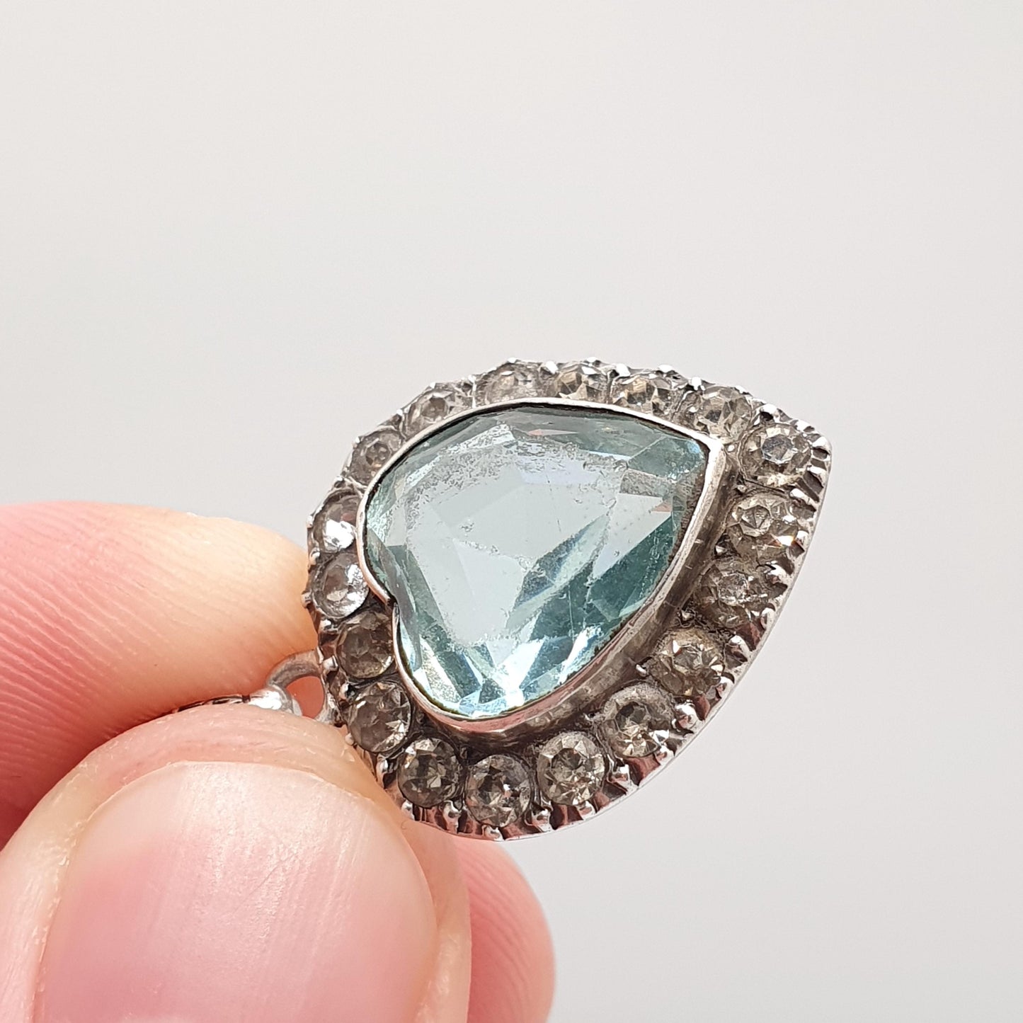 Antique Victorian Solid Silver Heart Pendant Aquamarine Paste Necklace Puffer Love Sparkly Vintage Jewellery Jewelry
