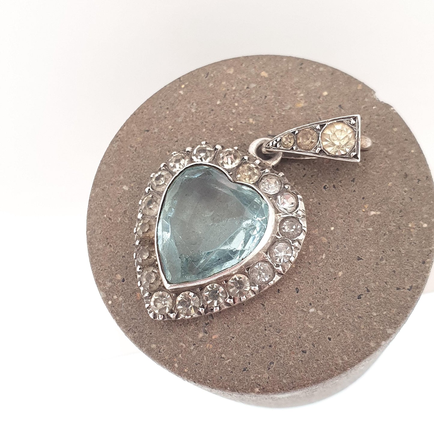 Antique Victorian Solid Silver Heart Pendant Aquamarine Paste Necklace Puffer Love Sparkly Vintage Jewellery Jewelry