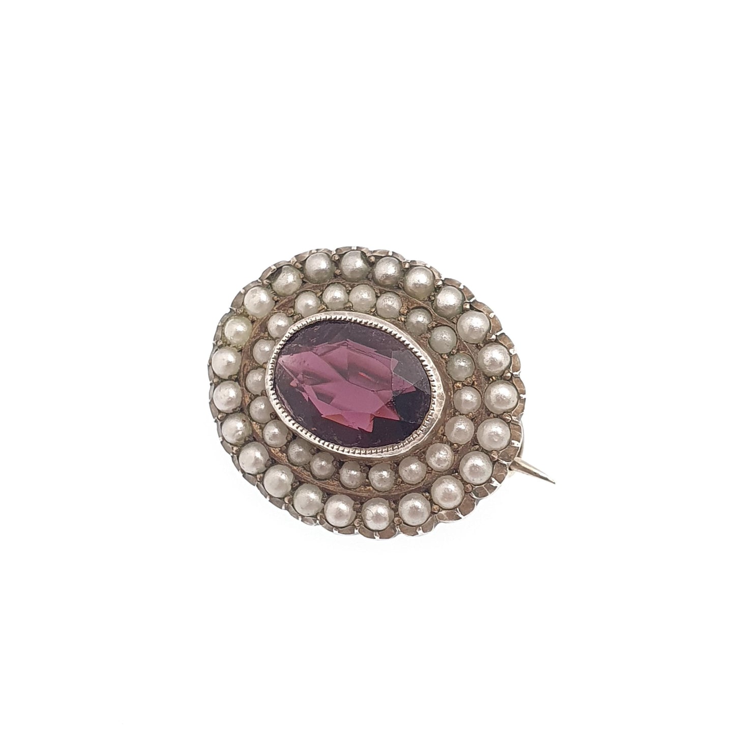 Antique Solid Silver Amethyst Paste Brooch Victorian Seed Pearl Oval 1800s Vintage Womens Jewelry Jewellery