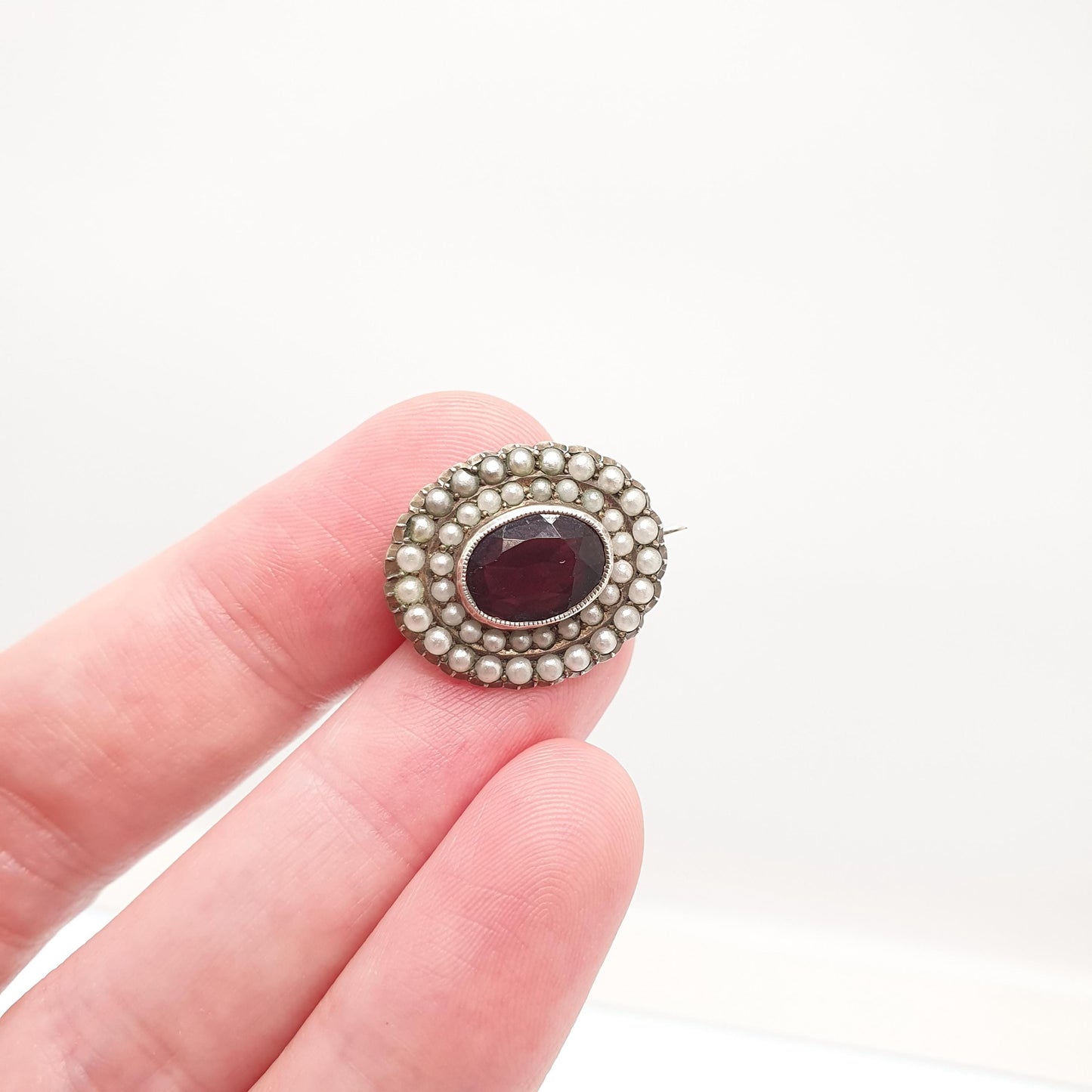 Antique Solid Silver Amethyst Paste Brooch Victorian Seed Pearl Oval 1800s Vintage Womens Jewelry Jewellery