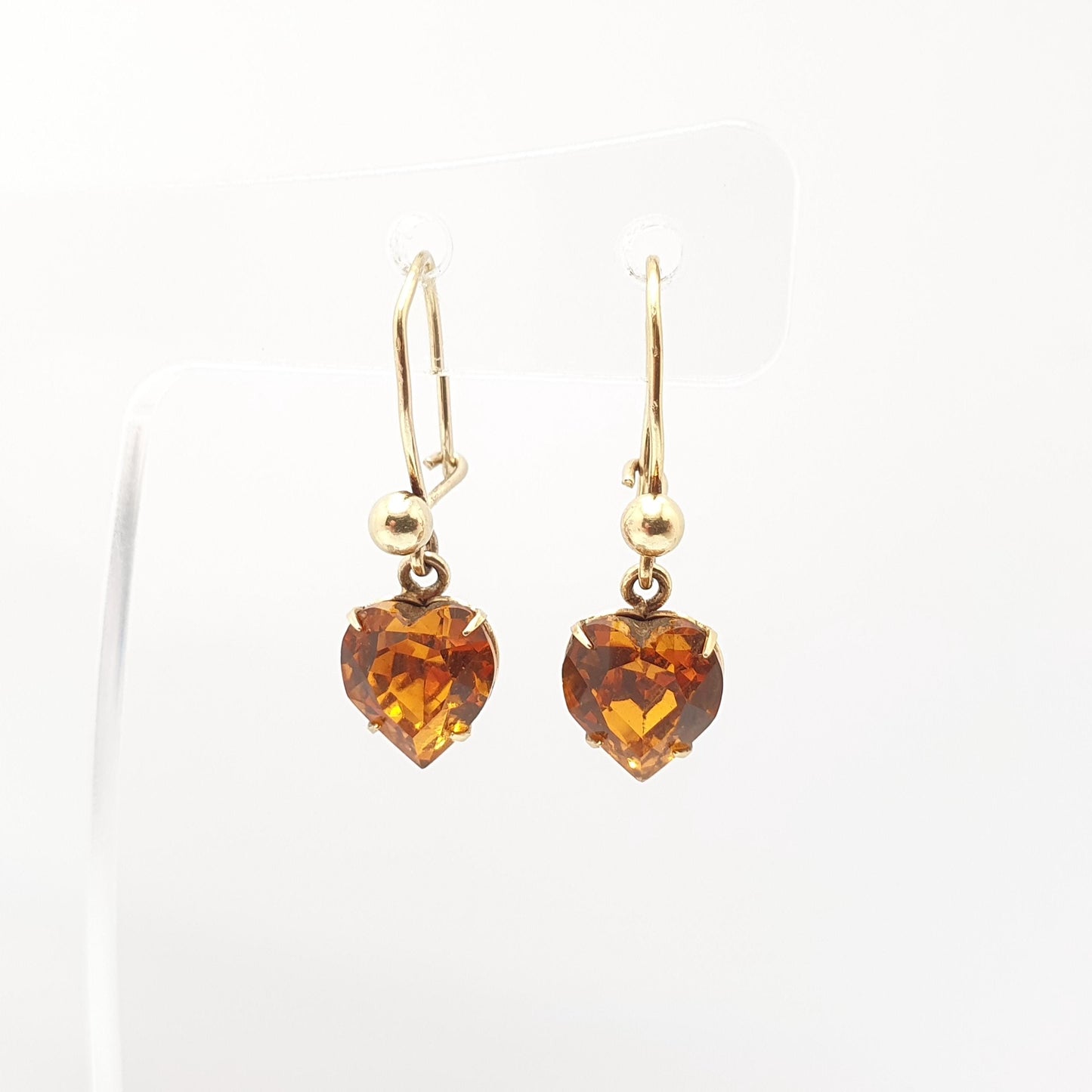 Vintage 9ct Gold Citrine Paste Heart Earrings Hook Drop Dangle  Solid 9k 9kt Orange Glass Hallmark Yellow Womens Jewellery Jewelry