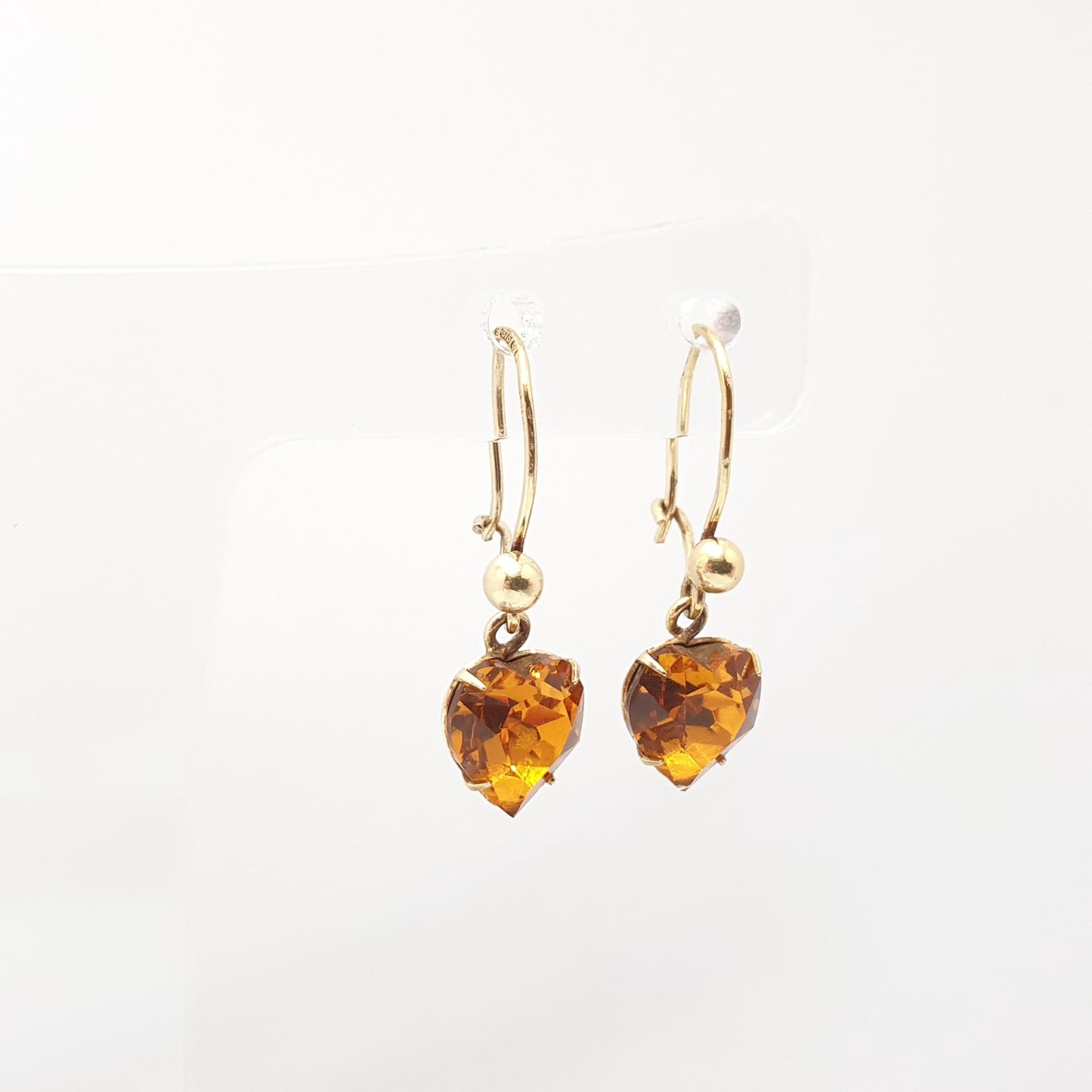 Vintage 9ct Gold Citrine Paste Heart Earrings Hook Drop Dangle  Solid 9k 9kt Orange Glass Hallmark Yellow Womens Jewellery Jewelry