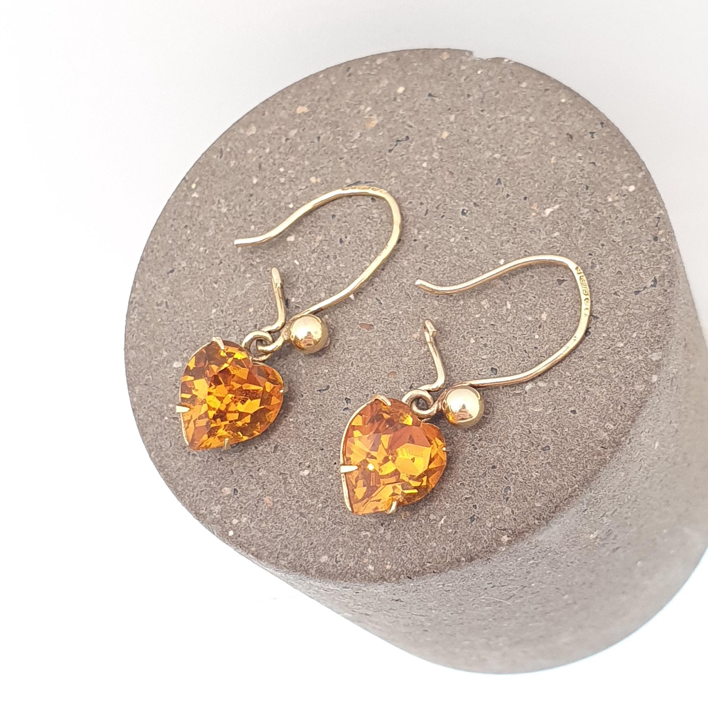 Vintage 9ct Gold Citrine Paste Heart Earrings Hook Drop Dangle  Solid 9k 9kt Orange Glass Hallmark Yellow Womens Jewellery Jewelry