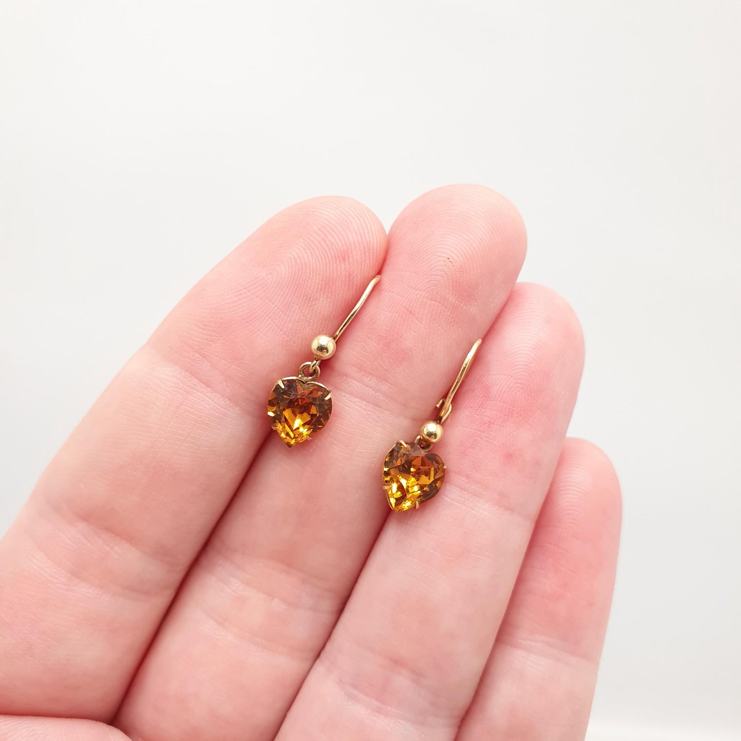 Vintage 9ct Gold Citrine Paste Heart Earrings Hook Drop Dangle  Solid 9k 9kt Orange Glass Hallmark Yellow Womens Jewellery Jewelry