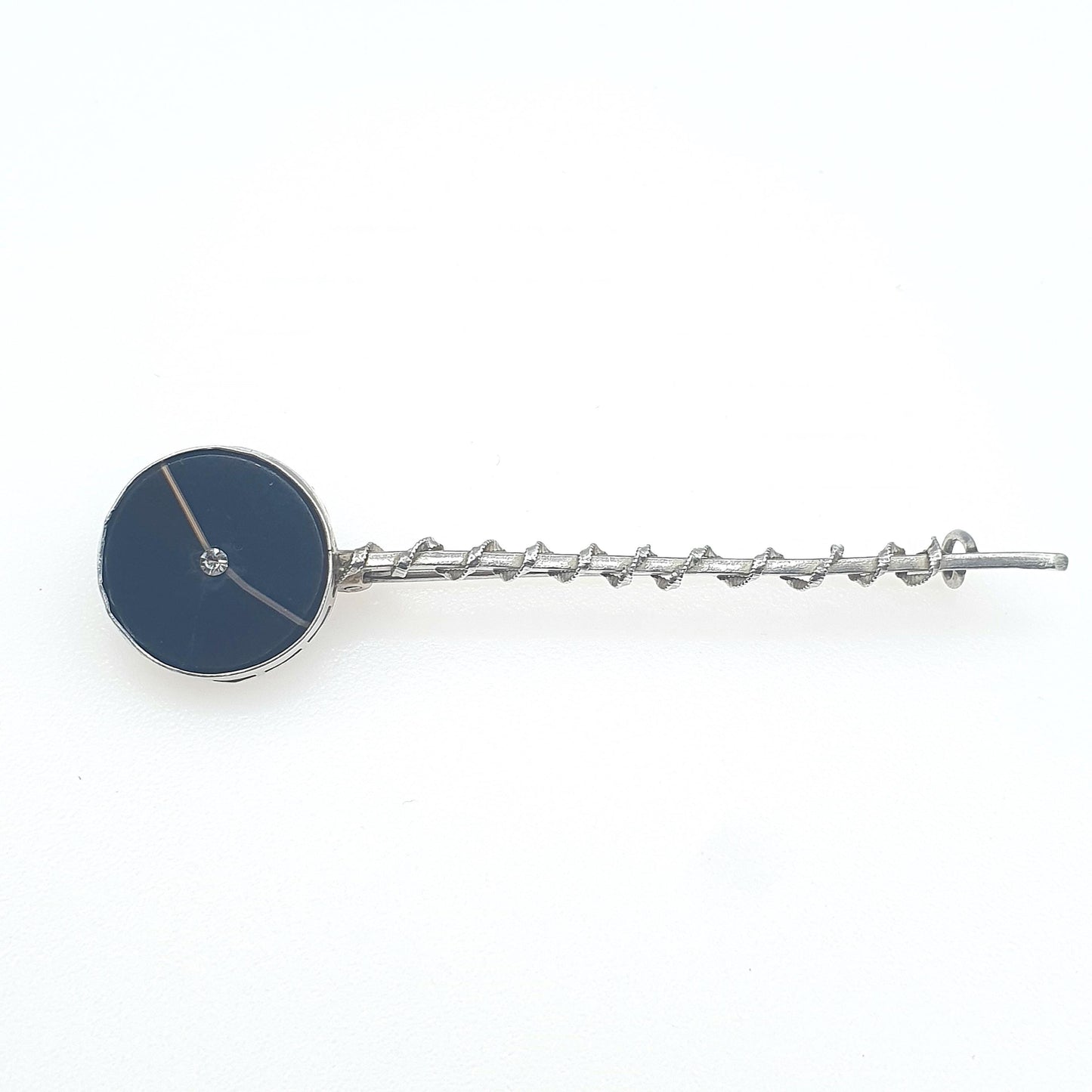 Antique Victorian Solid Silver Humbug Agate Brooch Diamond Paste Centre Striped Black Quartz Twist Pin Ladies Womens Jewelry Jewellery