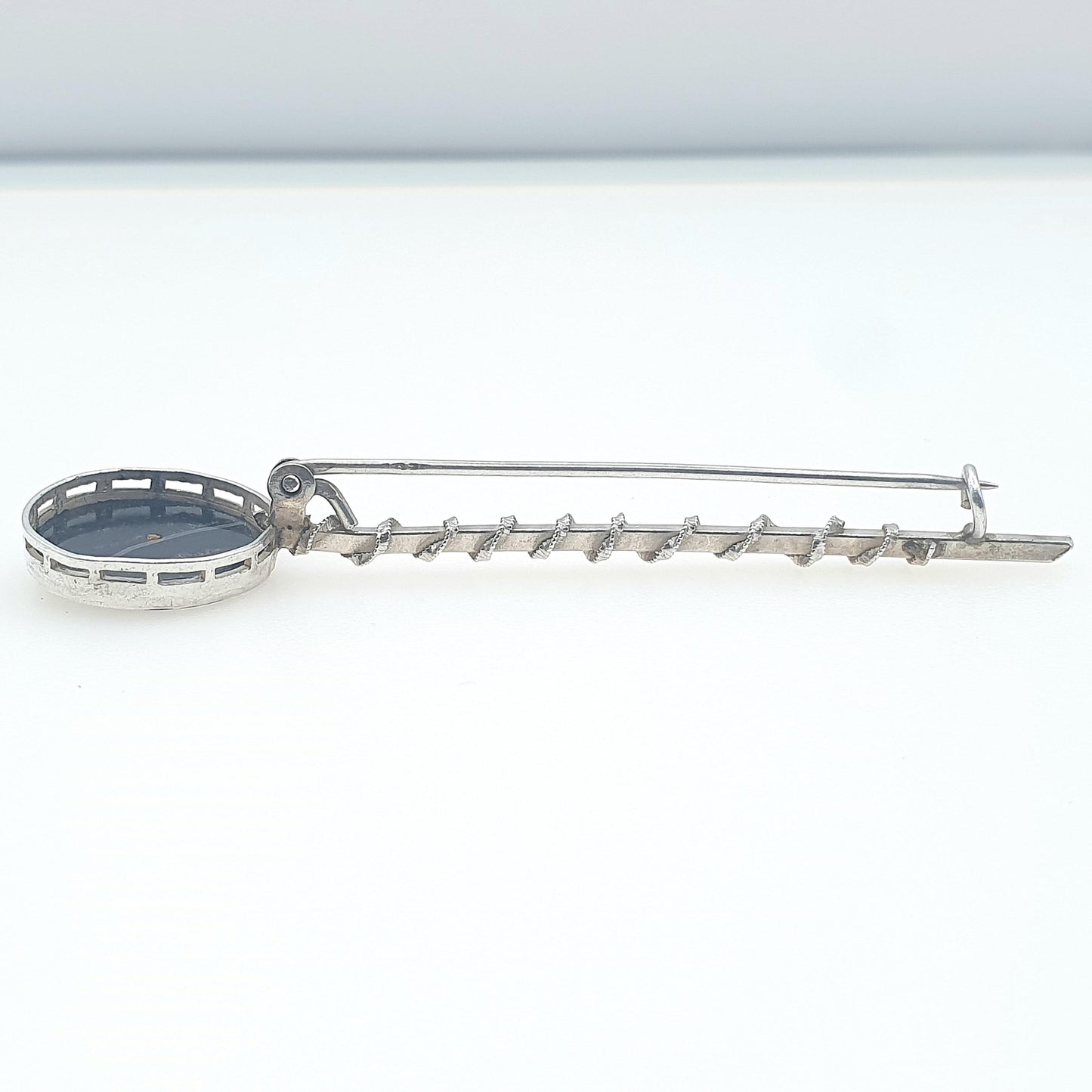 Antique Victorian Solid Silver Humbug Agate Brooch Diamond Paste Centre Striped Black Quartz Twist Pin Ladies Womens Jewelry Jewellery