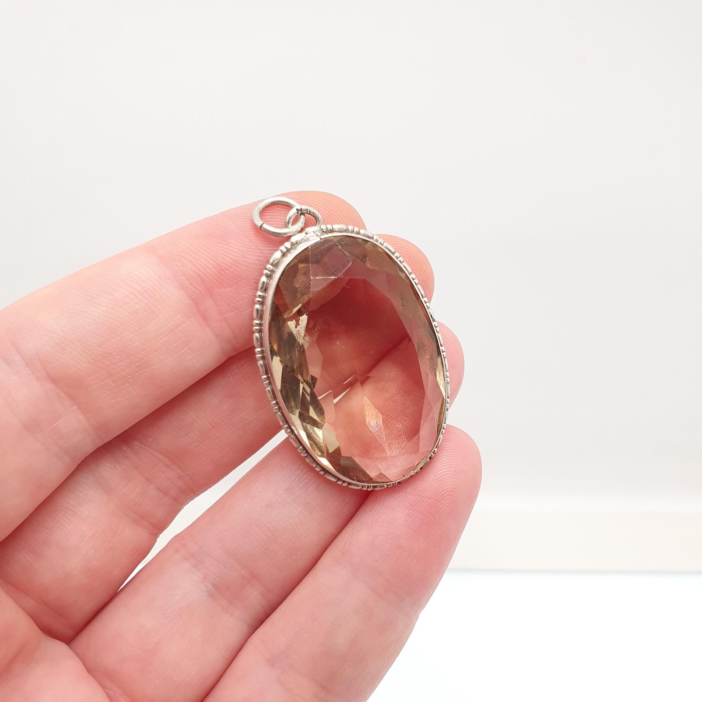 Antique Smoky Quartz Solid Silver Pendant Necklace Art Deco Huge Large Big Dark Brown Gemstone Genuine Vintage Womens Jewelry Jewellery