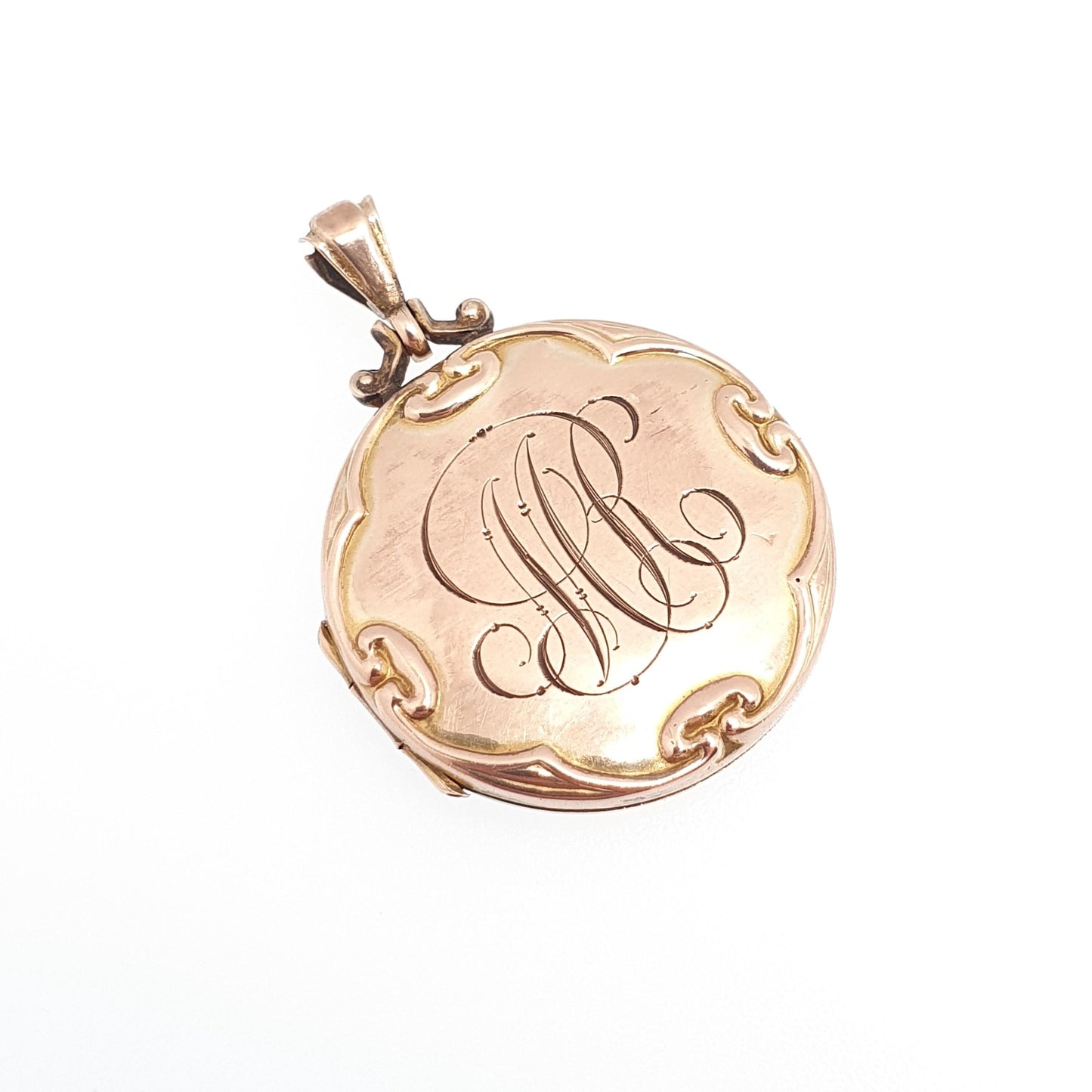 Antique 9ct Rose Gold Locket Engraved "MR" Initials Pendant Fine Estate Gift Back Front Necklace Jewelry Womens Jewellery