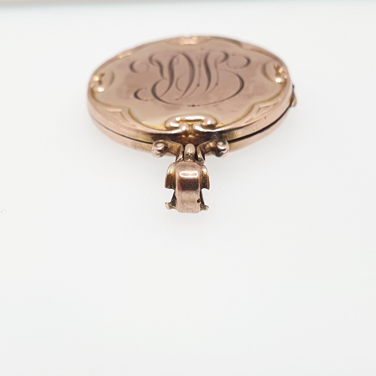 Antique 9ct Rose Gold Locket Engraved "MR" Initials Pendant Fine Estate Gift Back Front Necklace Jewelry Womens Jewellery