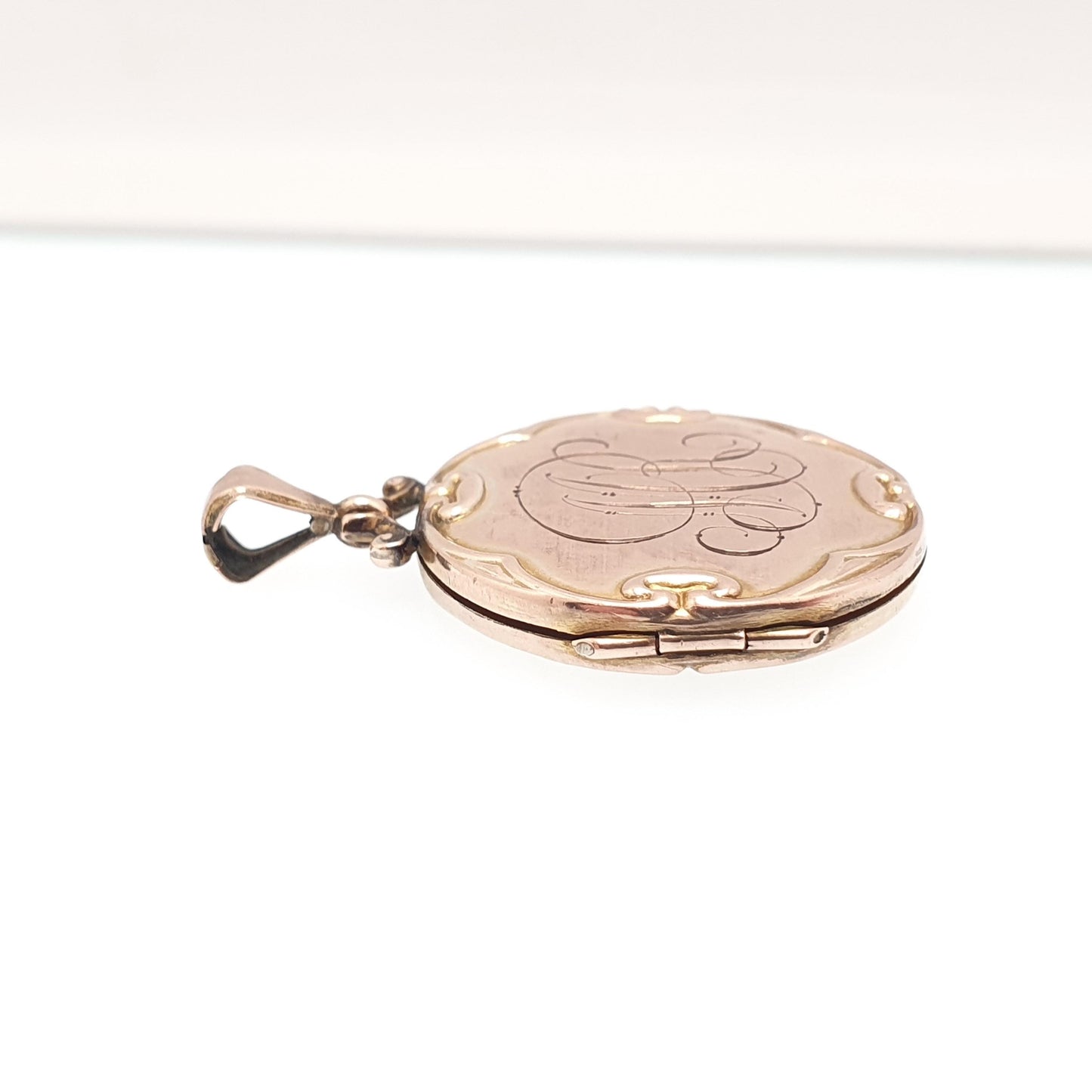 Antique 9ct Rose Gold Locket Engraved "MR" Initials Pendant Fine Estate Gift Back Front Necklace Jewelry Womens Jewellery