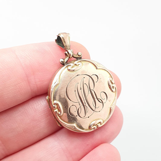 Antique 9ct Rose Gold Locket Engraved "MR" Initials Pendant Fine Estate Gift Back Front Necklace Jewelry Womens Jewellery