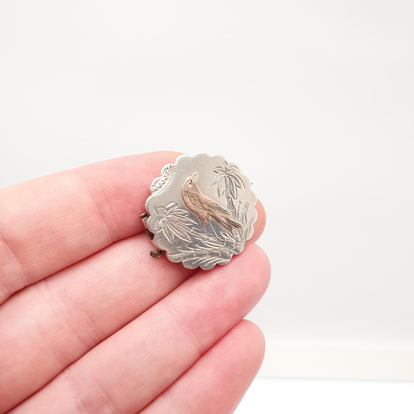 Antique Solid Silver Bird Brooch Mourning Locket Rear Victorian Sweetheart Rose Gold Highlights Vintage Jewelry Jewellery