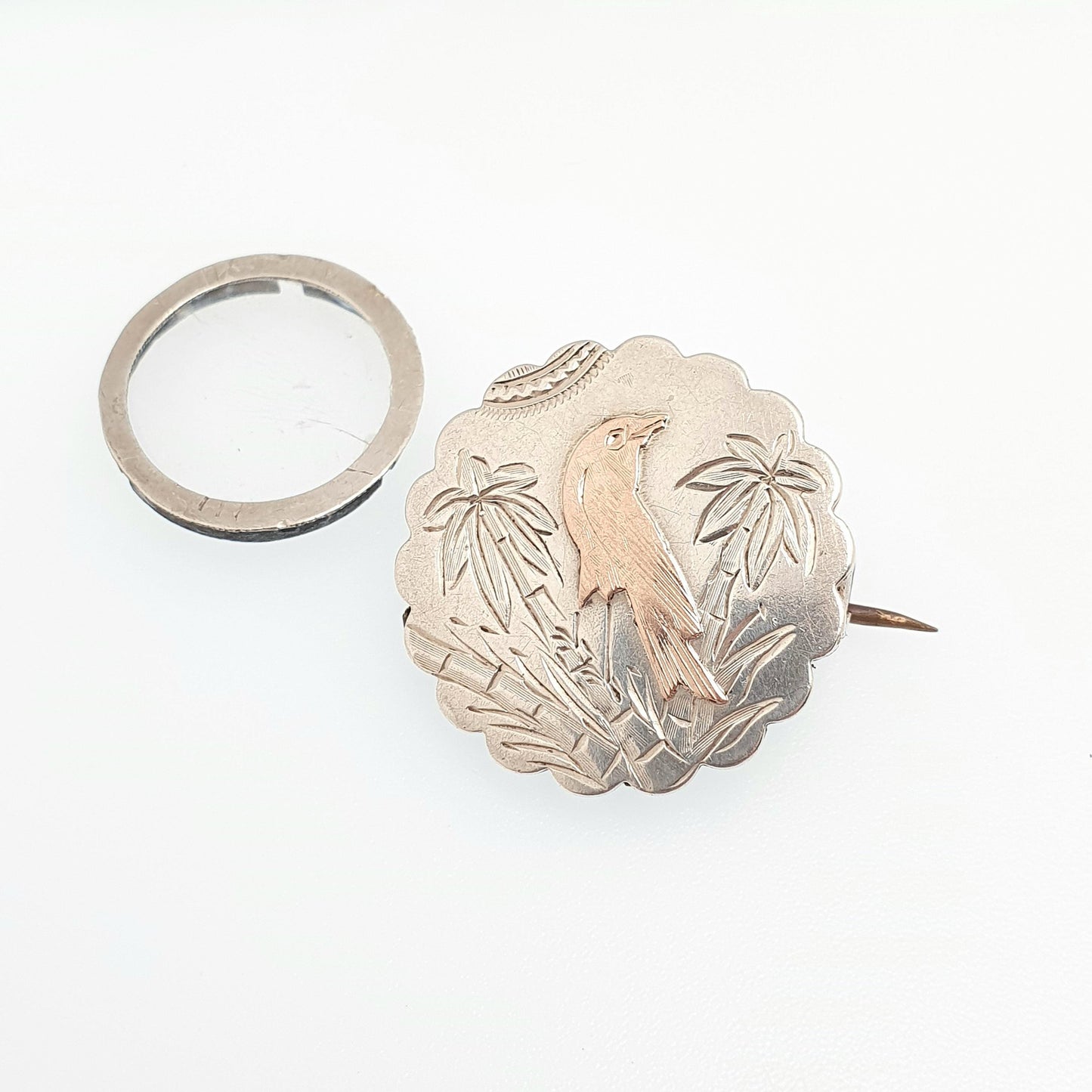 Antique Solid Silver Bird Brooch Mourning Locket Rear Victorian Sweetheart Rose Gold Highlights Vintage Jewelry Jewellery