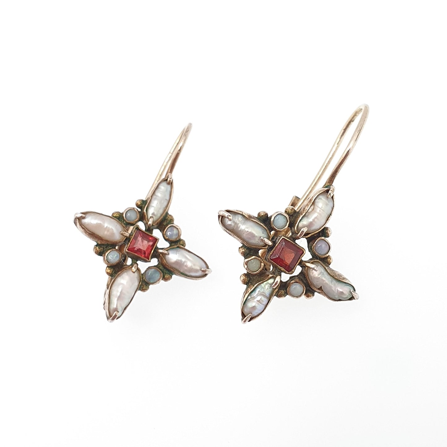 Vintage Sterling Silver Opal Garnet Earrings Austro Hungarian Revival Style Freshwater Pearl Hook Dangle Gold Vermeil Jewellery