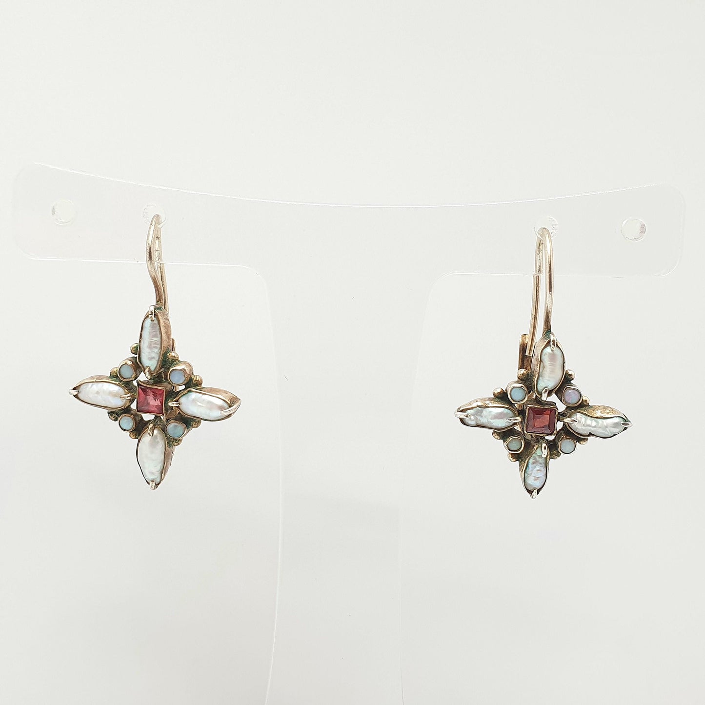 Vintage Sterling Silver Opal Garnet Earrings Austro Hungarian Revival Style Freshwater Pearl Hook Dangle Gold Vermeil Jewellery
