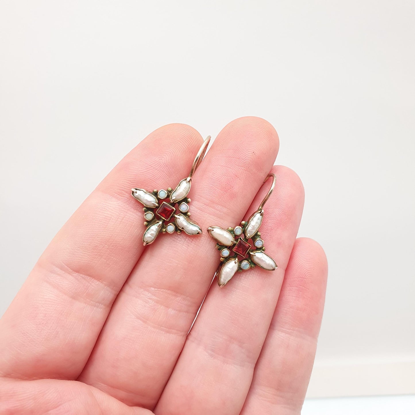 Vintage Sterling Silver Opal Garnet Earrings Austro Hungarian Revival Style Freshwater Pearl Hook Dangle Gold Vermeil Jewellery