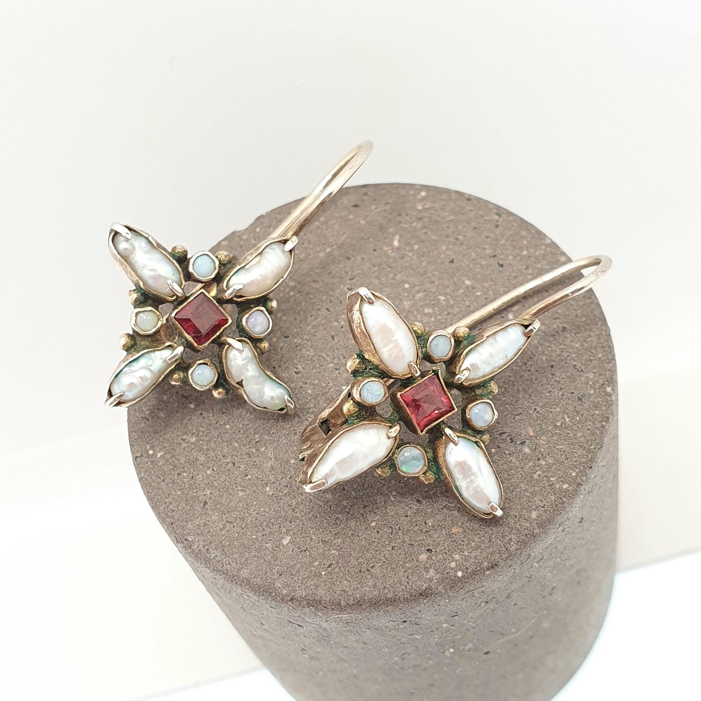 Vintage Sterling Silver Opal Garnet Earrings Austro Hungarian Revival Style Freshwater Pearl Hook Dangle Gold Vermeil Jewellery