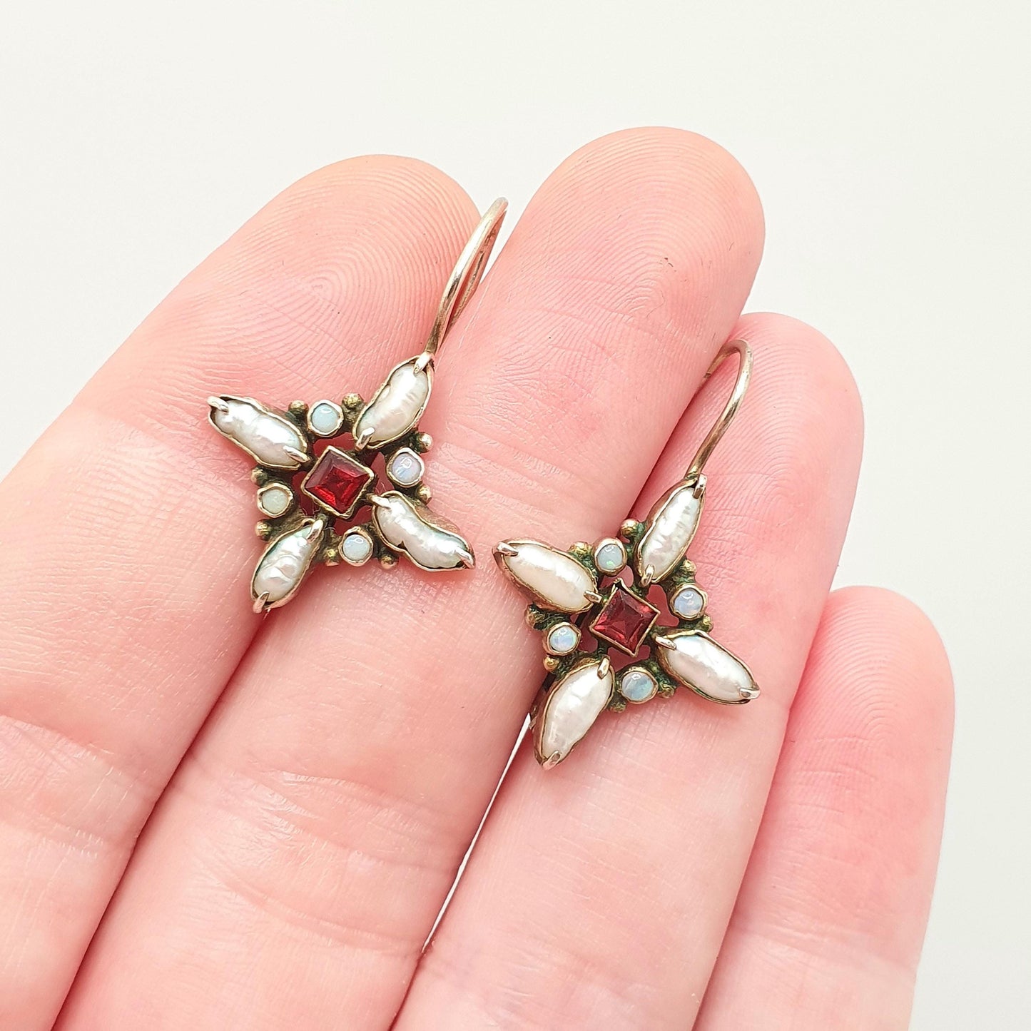 Vintage Sterling Silver Opal Garnet Earrings Austro Hungarian Revival Style Freshwater Pearl Hook Dangle Gold Vermeil Jewellery