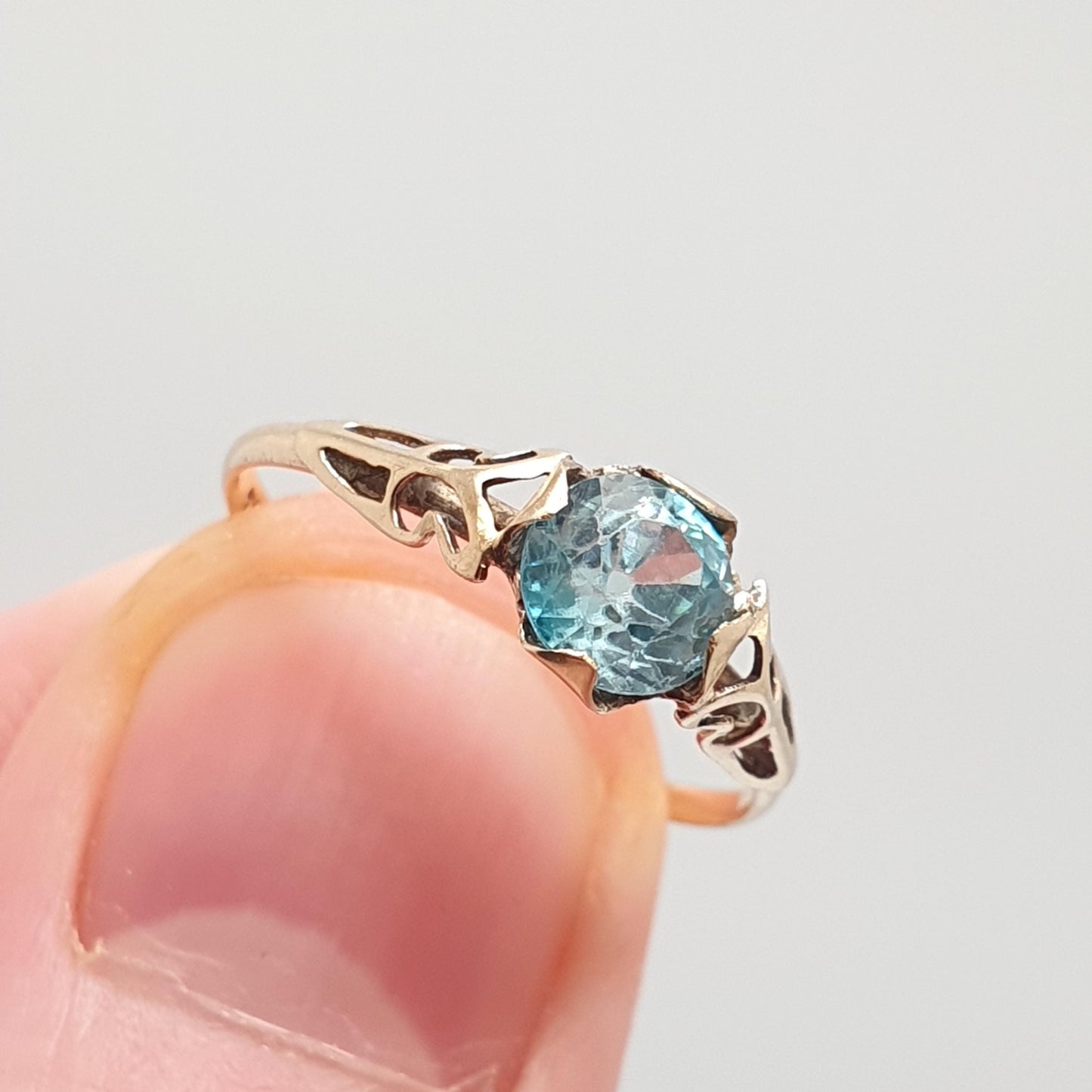 Antique 9ct Gold Blue Topaz Ring Solid 9k 9kt Rose Swiss Solitaire 1920s Vintage Womens Jewelry Jewellery