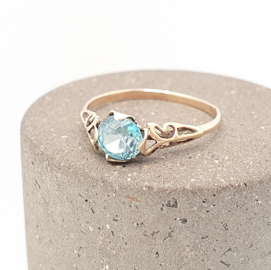 Antique 9ct Gold Blue Topaz Ring Solid 9k 9kt Rose Swiss Solitaire 1920s Vintage Womens Jewelry Jewellery