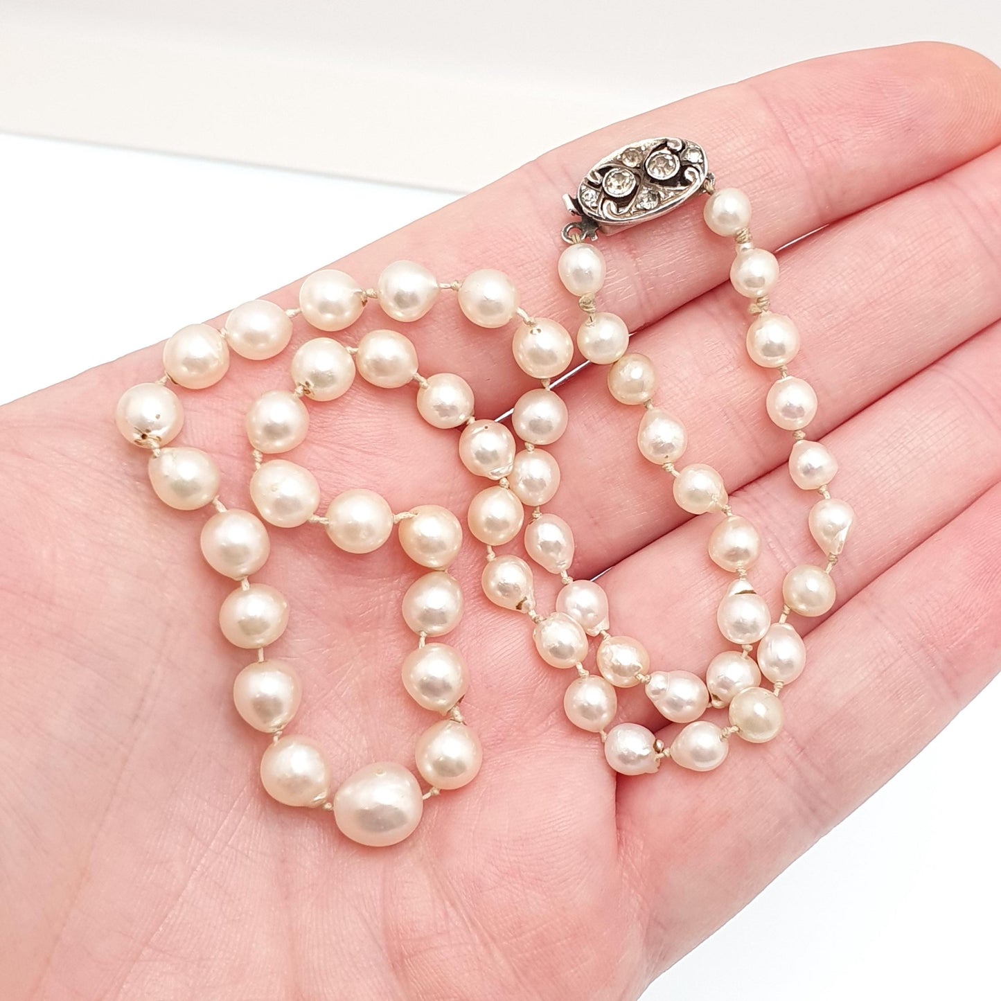 Antique Cultured Pearl Necklace Solid Silver Paste Clasp Art Deco 43cm 16.9" 17.80g Real Genuine Pearls Vintage 1920s Jewelry