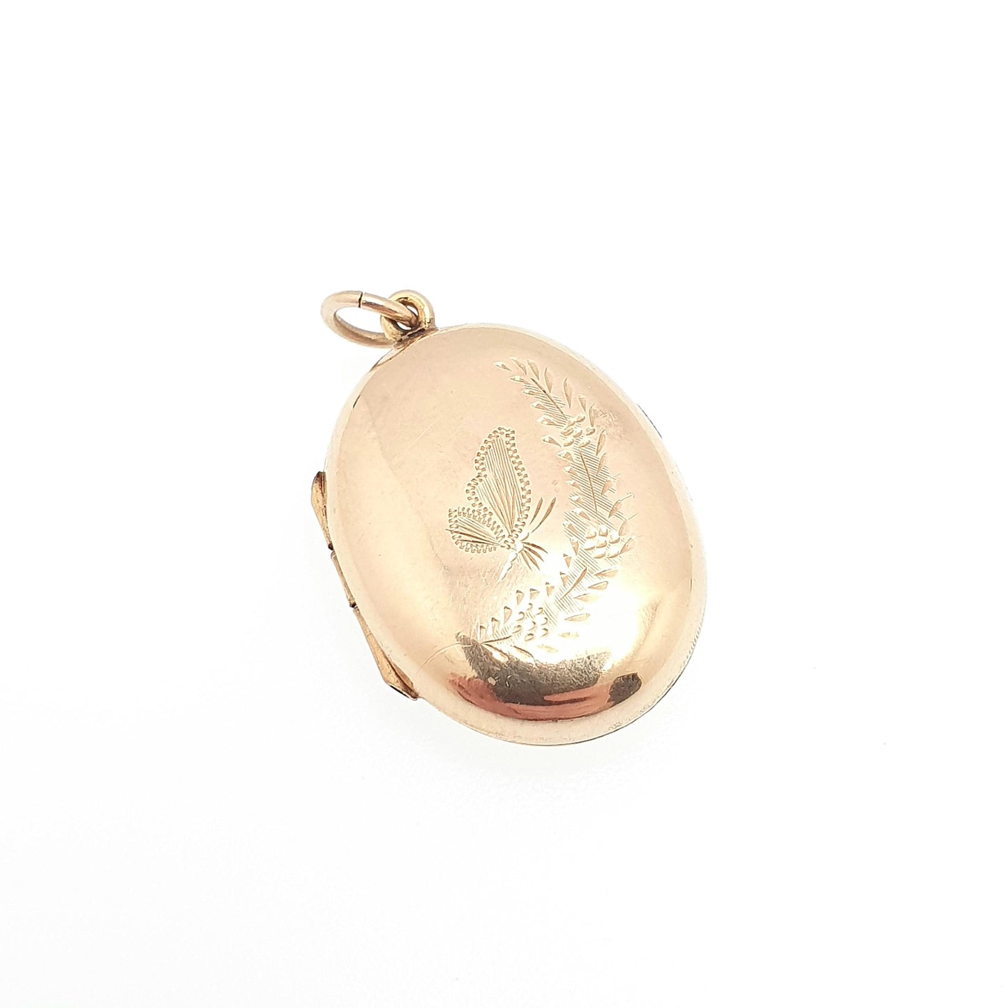 Antique 9ct Gold Butterfly Locket Oval Yellow Solid 9k 375 Back & Front Engraved Cute Pendant Necklace Jewelry Womens Jewellery